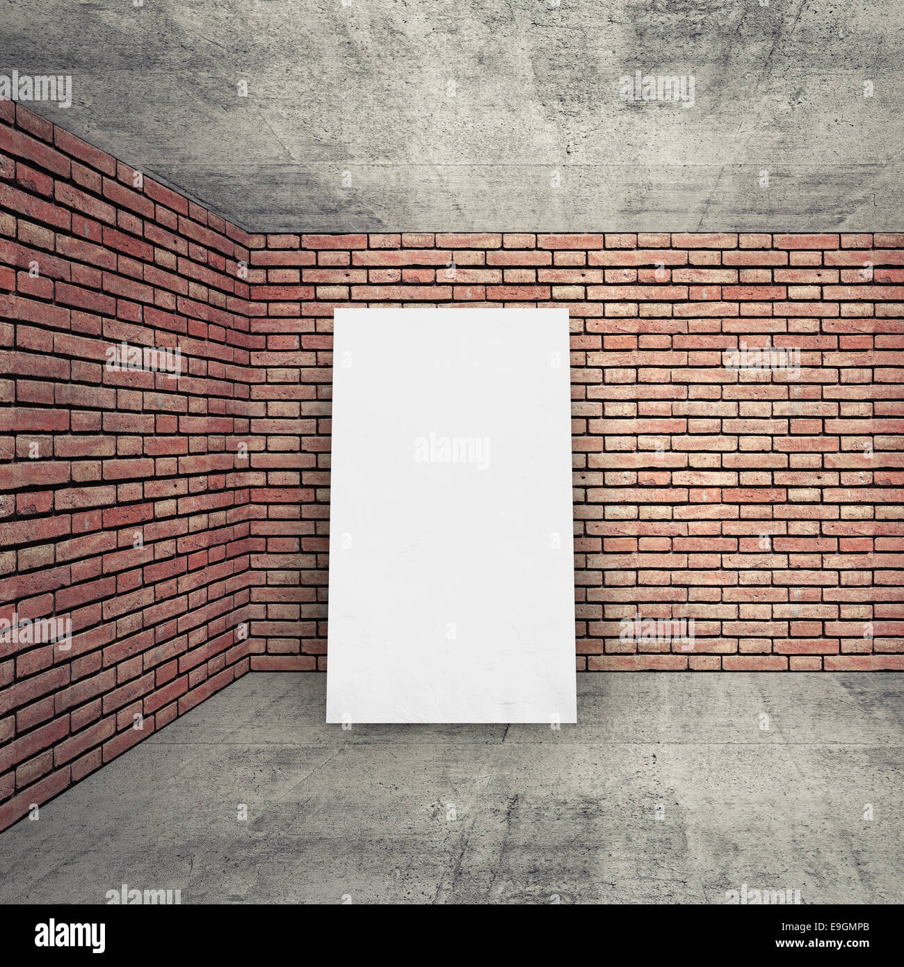 Empty white room interior con banner bianco, pareti di mattoni e pavimento di cemento. Square 3d sfondo Foto Stock