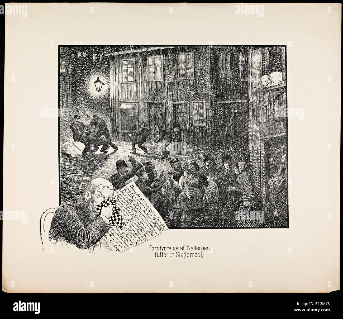Questa immagine è una caricatura di Theodor Kittelsen, intitolata "Forstyrrelse af Natteroen" (disturbo del riposo della notte) dalla collezione "fra Livet i de små Forholde". Rappresenta una scena umoristica o satirica, tipica del lavoro di Kittelsen. Foto Stock