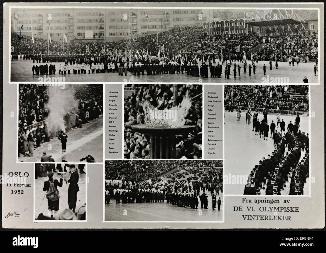 Una foto dell'apertura delle Olimpiadi invernali 1952 a Oslo, Norvegia, il 15 febbraio. L'immagine cattura il momento storico dell'inaugurazione dei Giochi Olimpici. Foto Stock