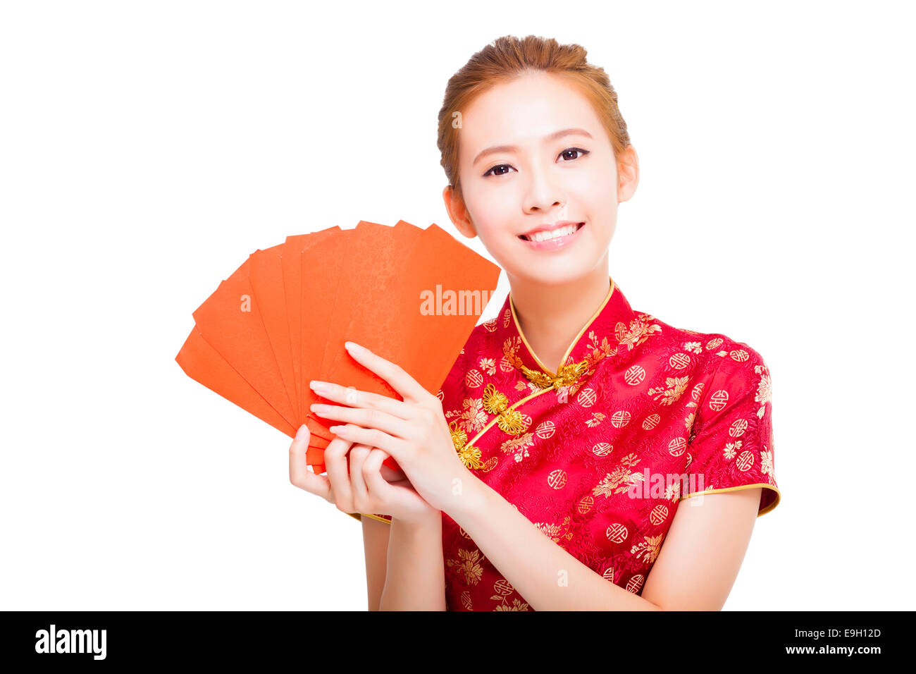 Bella giovane donna asiatica holding sacchetto rosso per ricchi Foto Stock