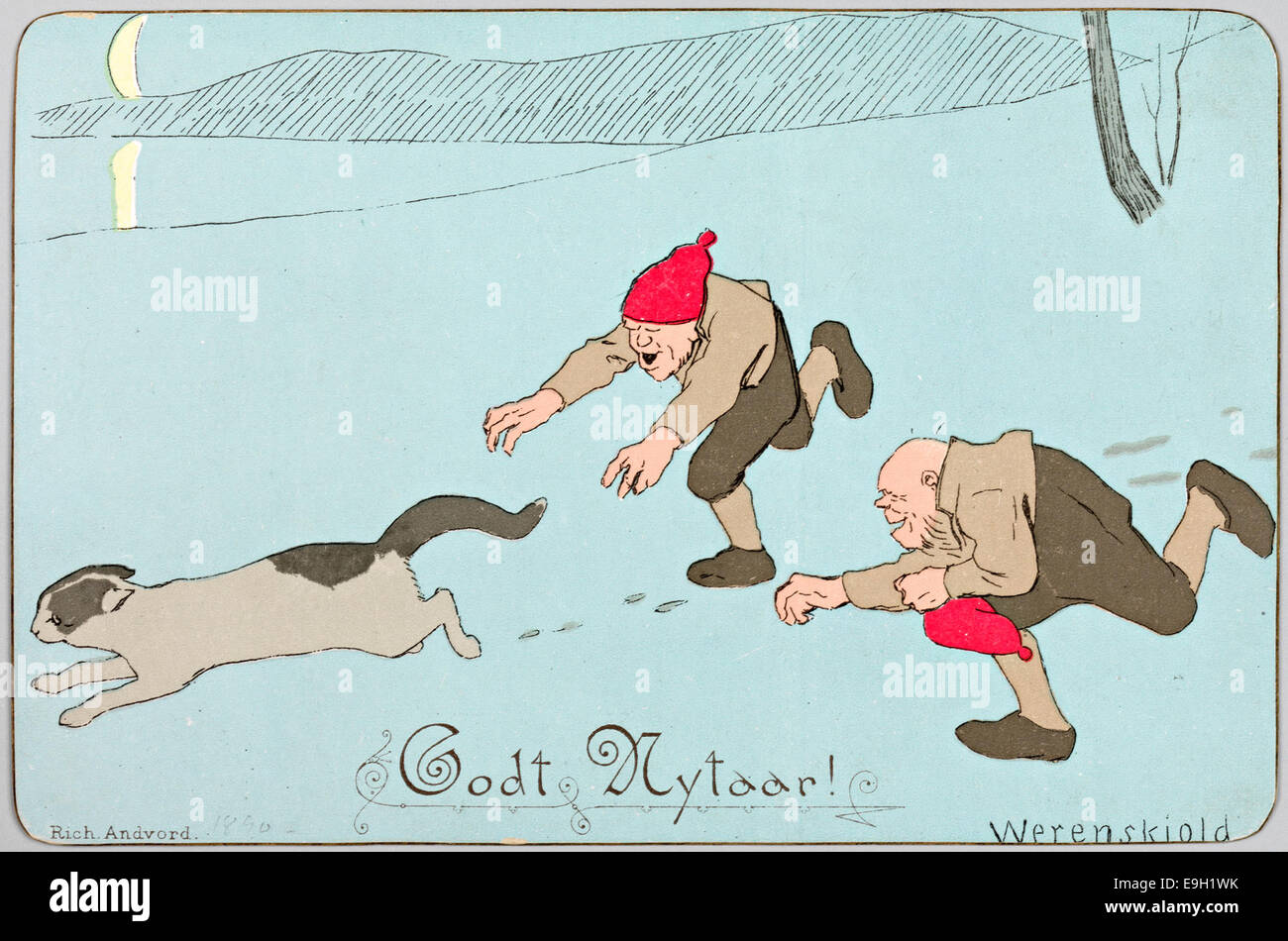 Una cartolina di Capodanno del 1890 di Erik Werenskiold, con immagini di gatti che indossano cappelli di elfo. Questo affascinante design riflette le tradizioni norvegesi e lo spirito natalizio. Foto Stock