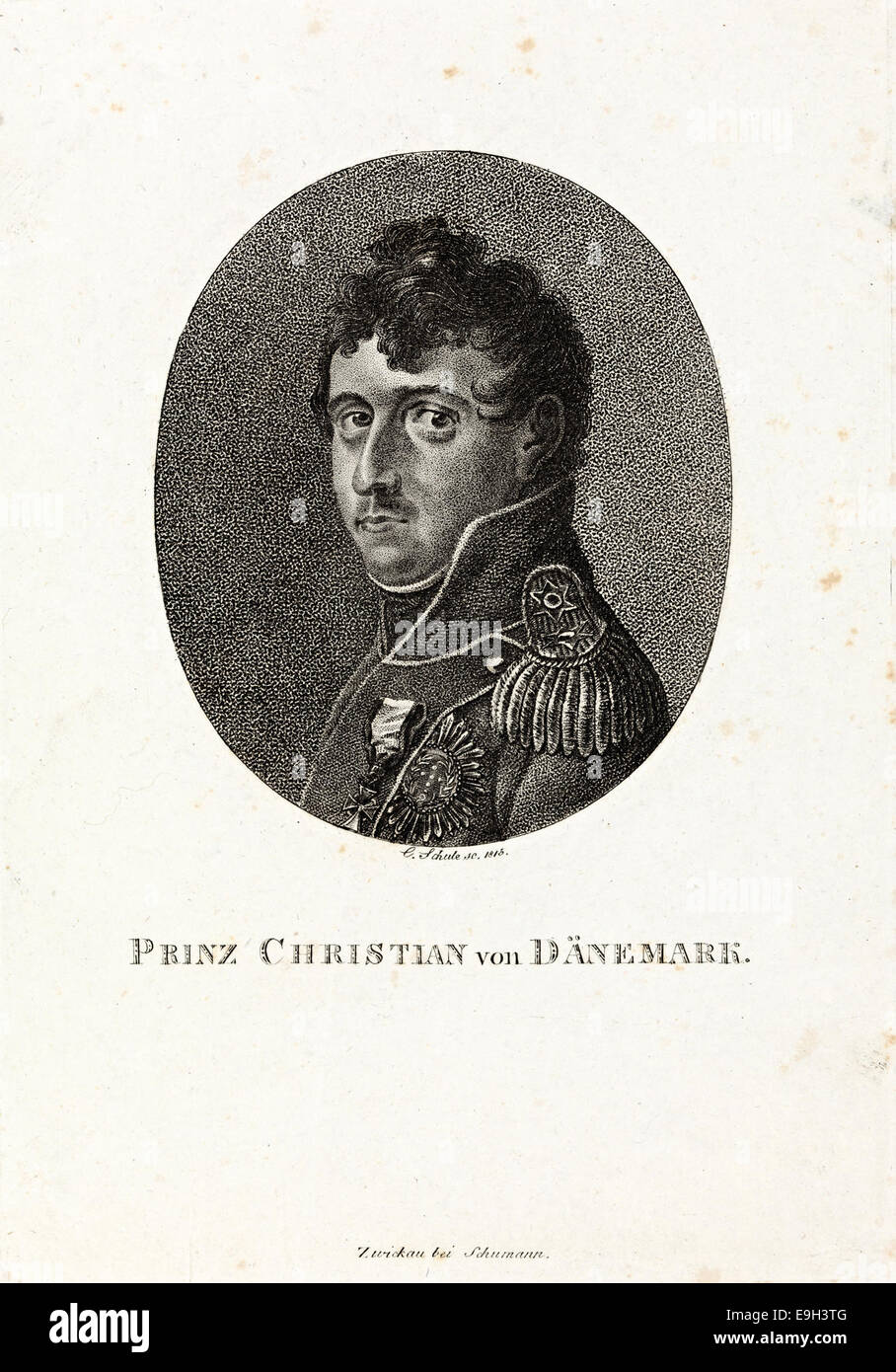 Un'incisione in acciaio del principe Cristiano Federico, poi Cristiano VIII di Danimarca. L'incisione è ospitata presso la Biblioteca Nazionale di Norvegia e raffigura il ritratto reale del monarca danese. Foto Stock