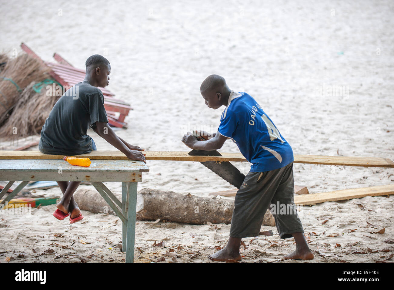 Carpenter segatura di legno in un workbeach, numero due River, Area occidentale, Sierra Leone Foto Stock