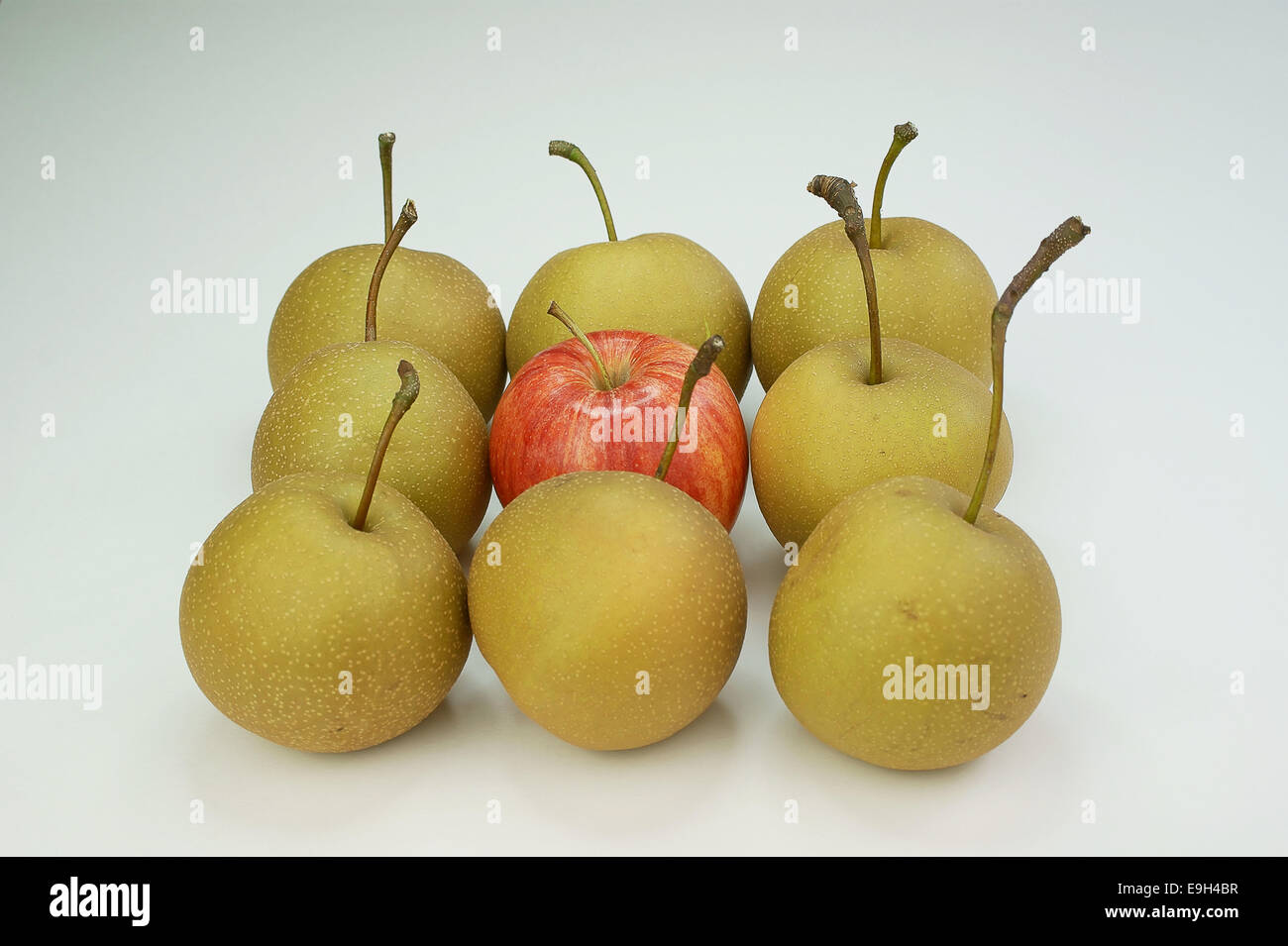 Uno Braeburn apple nel mezzo di pere Nashi, Germania Foto Stock