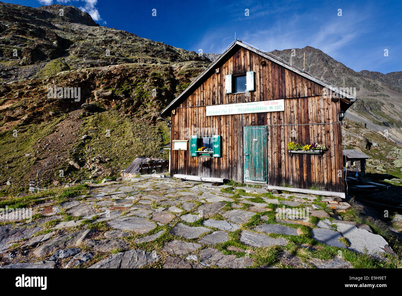 Alte Weisskugelhütte o Rifugio Pio XI, rifugio, Langtauferer Tal valle, Alto Adige, Trentino Alto Adige, Italia Foto Stock