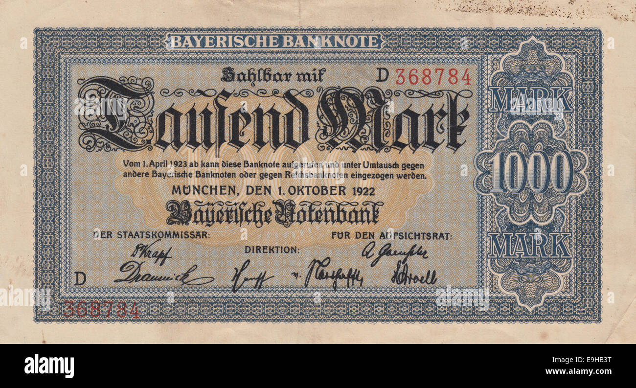 Banconota storico, 1000 Mark, anteriore, Bayerische Notenbank dal 1922 Foto Stock