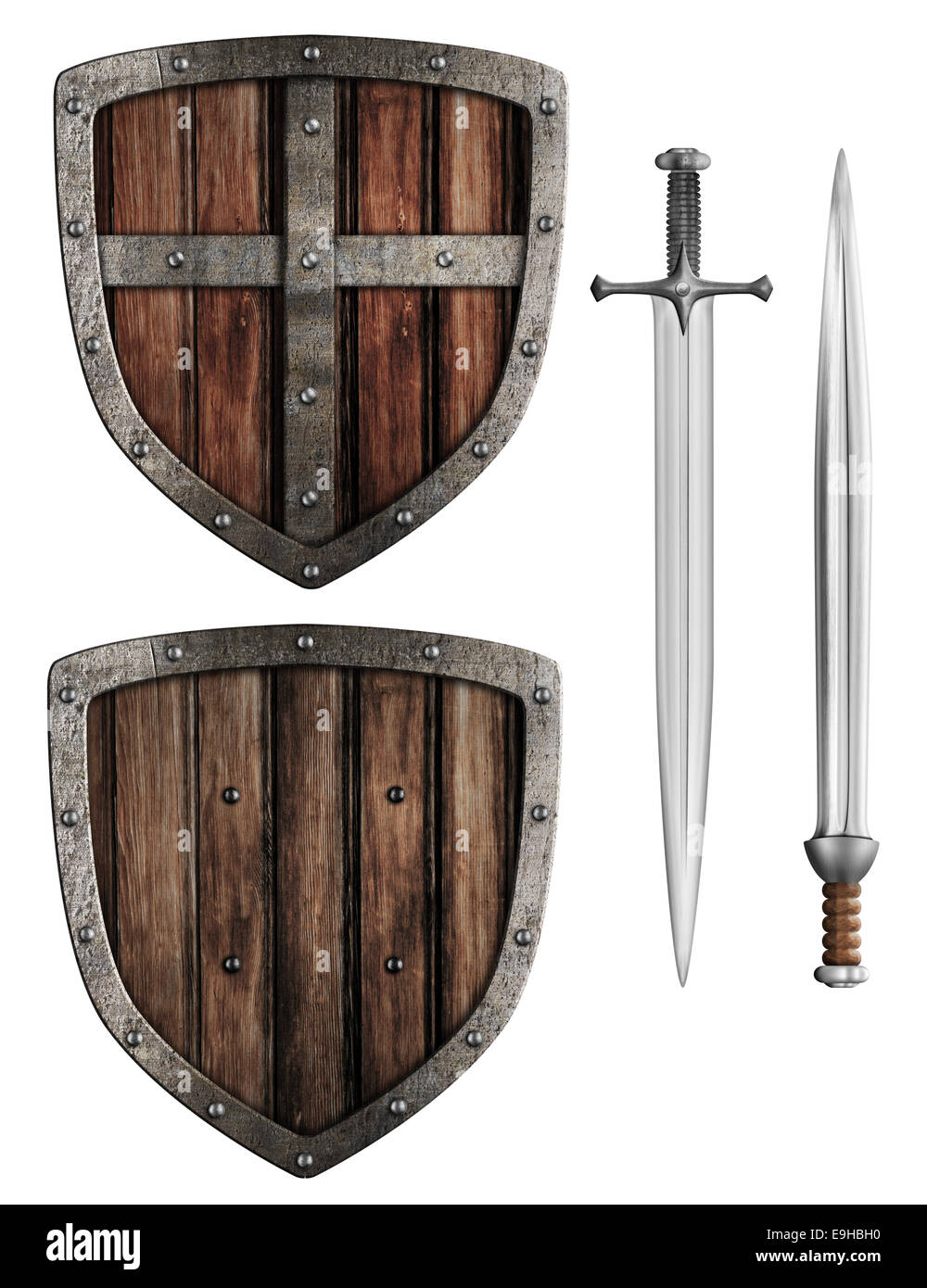 In legno antico cavaliere medievale di scudo e di spada insieme isolato Foto Stock