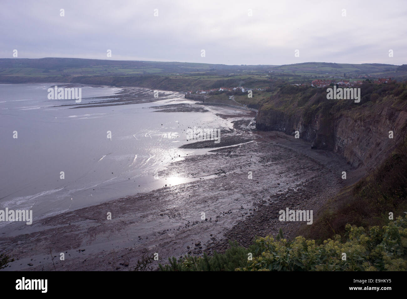Vista della North Yorkshire Fossil Coast con la costa rocciosa, le pianure mareali e le scogliere spettacolari sotto un cielo soffice e coperto Foto Stock
