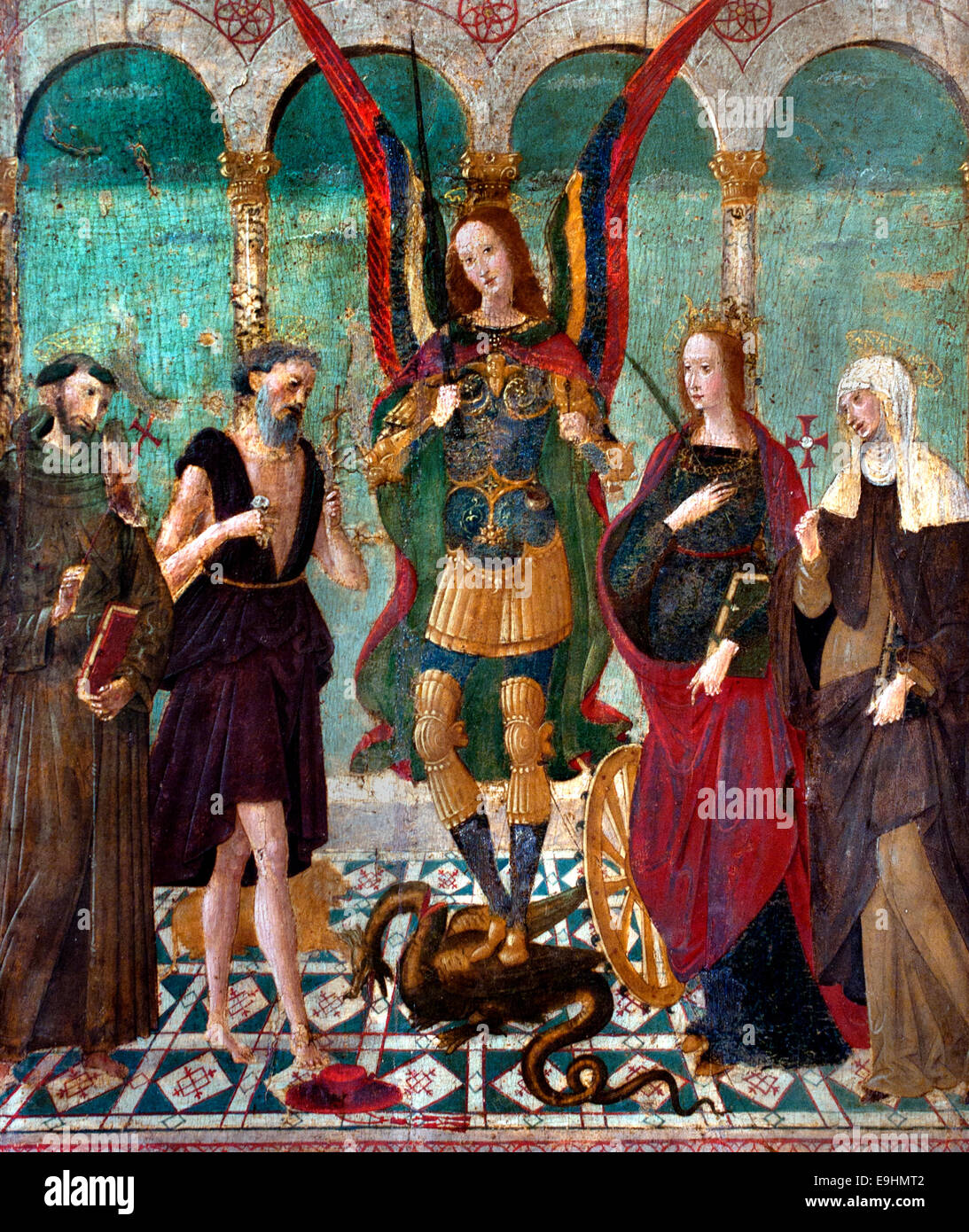 Saint Michel tra San Francesco e Santa Caterina Santa Brigida di Svezia Alesso di Benozzo 1473-1528 Italia Italiano Foto Stock