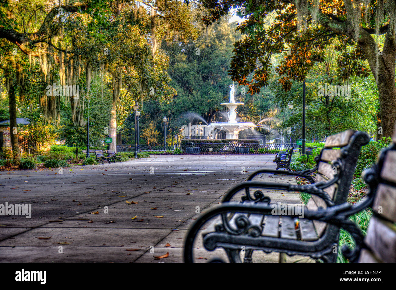 Una panchina nel parco a Forsyth Foto Stock