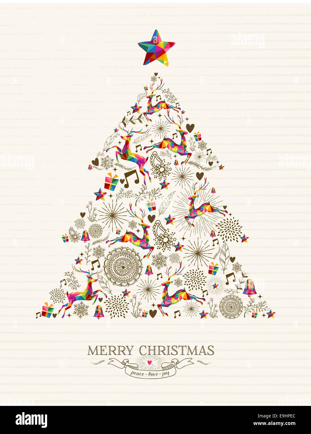 Vintage albero di Natale forma colorata con le renne e il retro etichetta della scheda Messaggi di saluto. EPS10 file vettoriale organizzati in strati per EAS Foto Stock