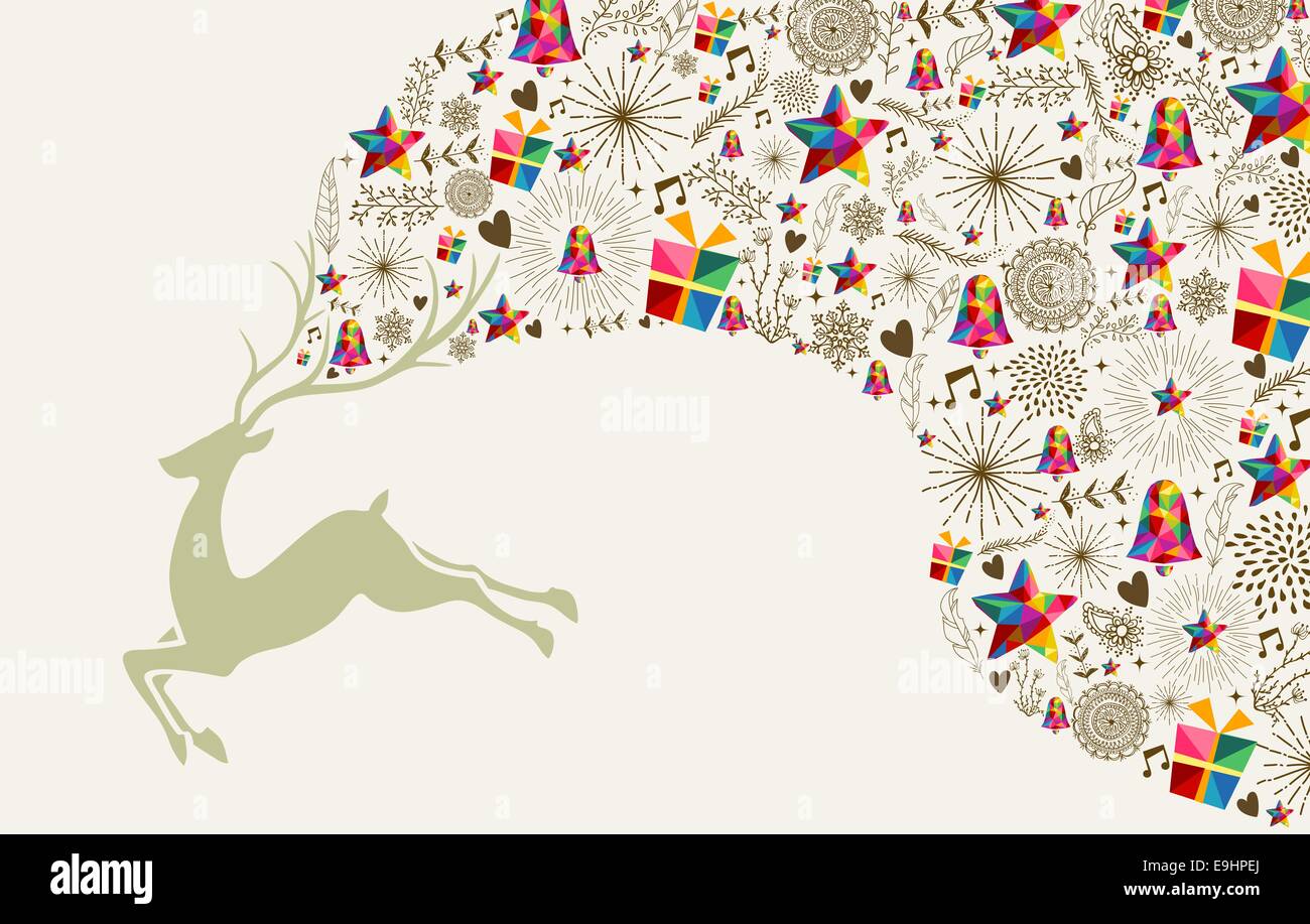 Natale Vintage greeting card, le renne e gli elementi colorati composizione. EPS10 file vettoriale organizzati in strati per una facile modifica Foto Stock