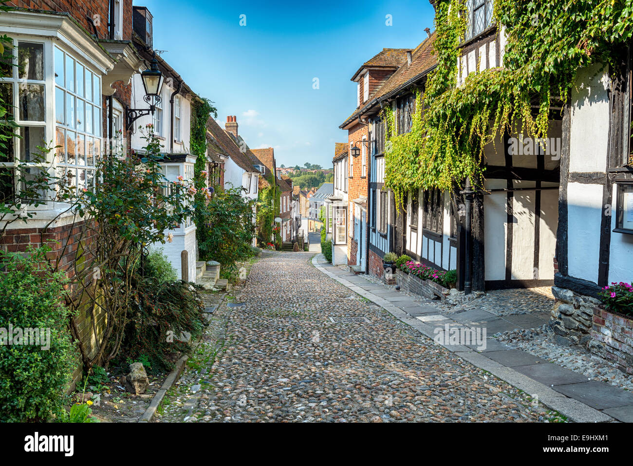 Bella e antica graticcio in stile Tudor case su una strada di ciottoli in segale, East Sussex Foto Stock