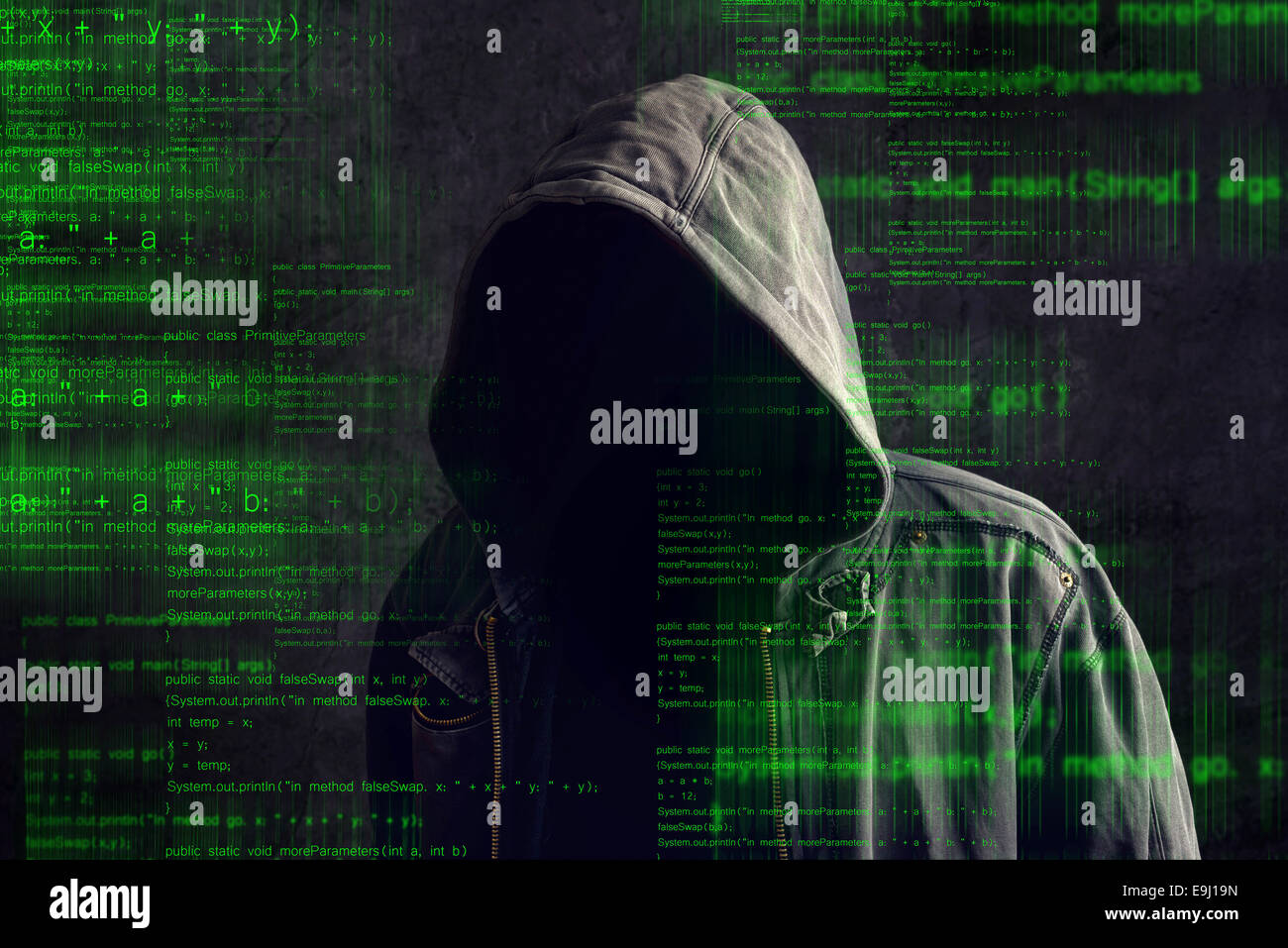Con cappuccio senza volto anonimo hacker con codice di programmazione da monitorare Foto Stock