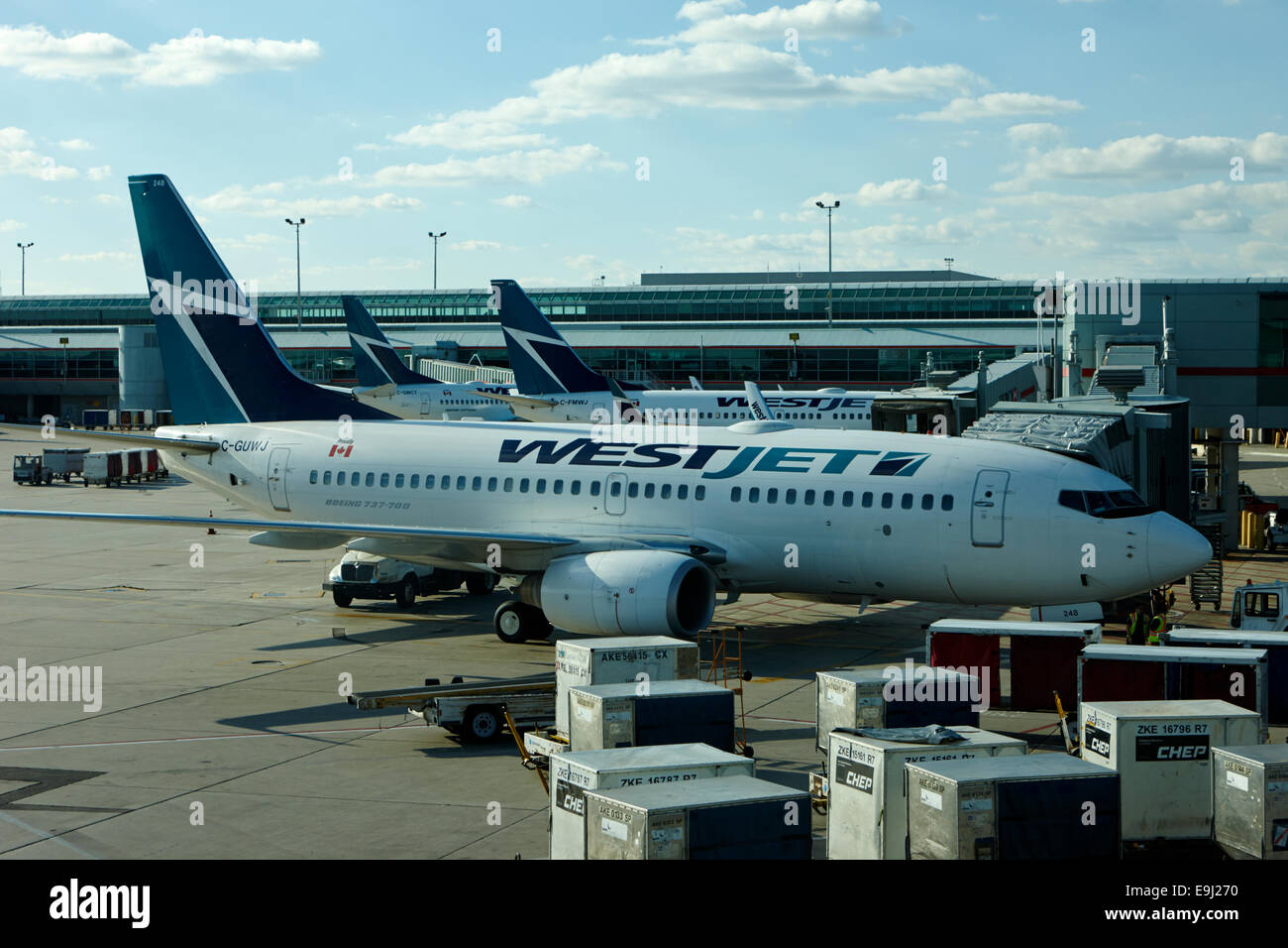 Westjet aerei al terminal 3 Aeroporto Internazionale Pearson di Toronto in Canada Foto Stock