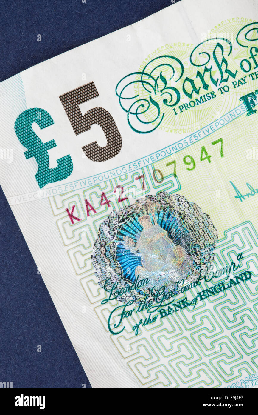 In prossimità di un vecchio cinque sterling pound nota. Inghilterra, Regno Unito Foto Stock