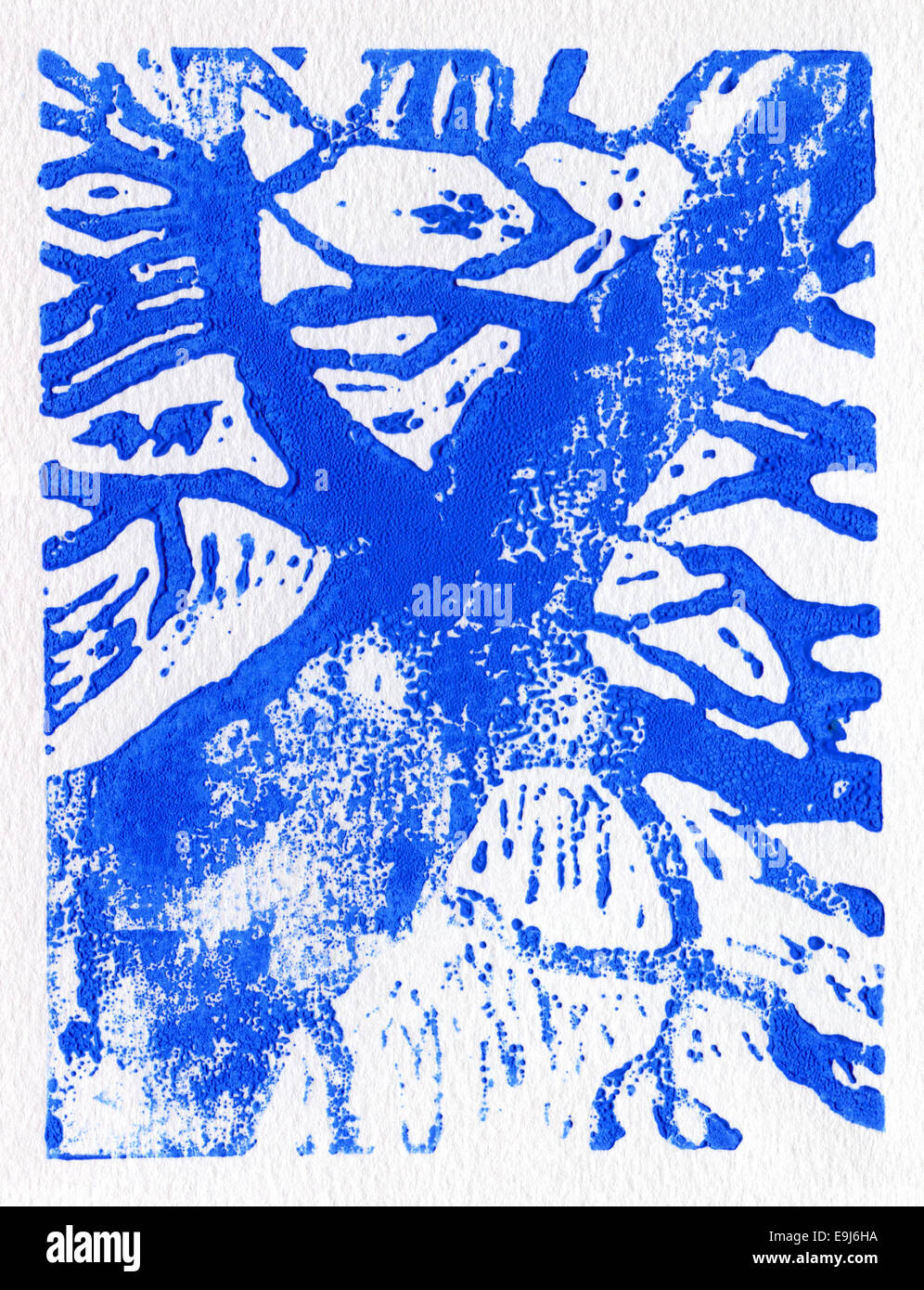 Tree, stampa originale realizzato in linoleum tecnica di stampa, in blu. Foto Stock Tree, stampa originale realizzato in linoleum tecnica di stampa, in blu. Foto Stock