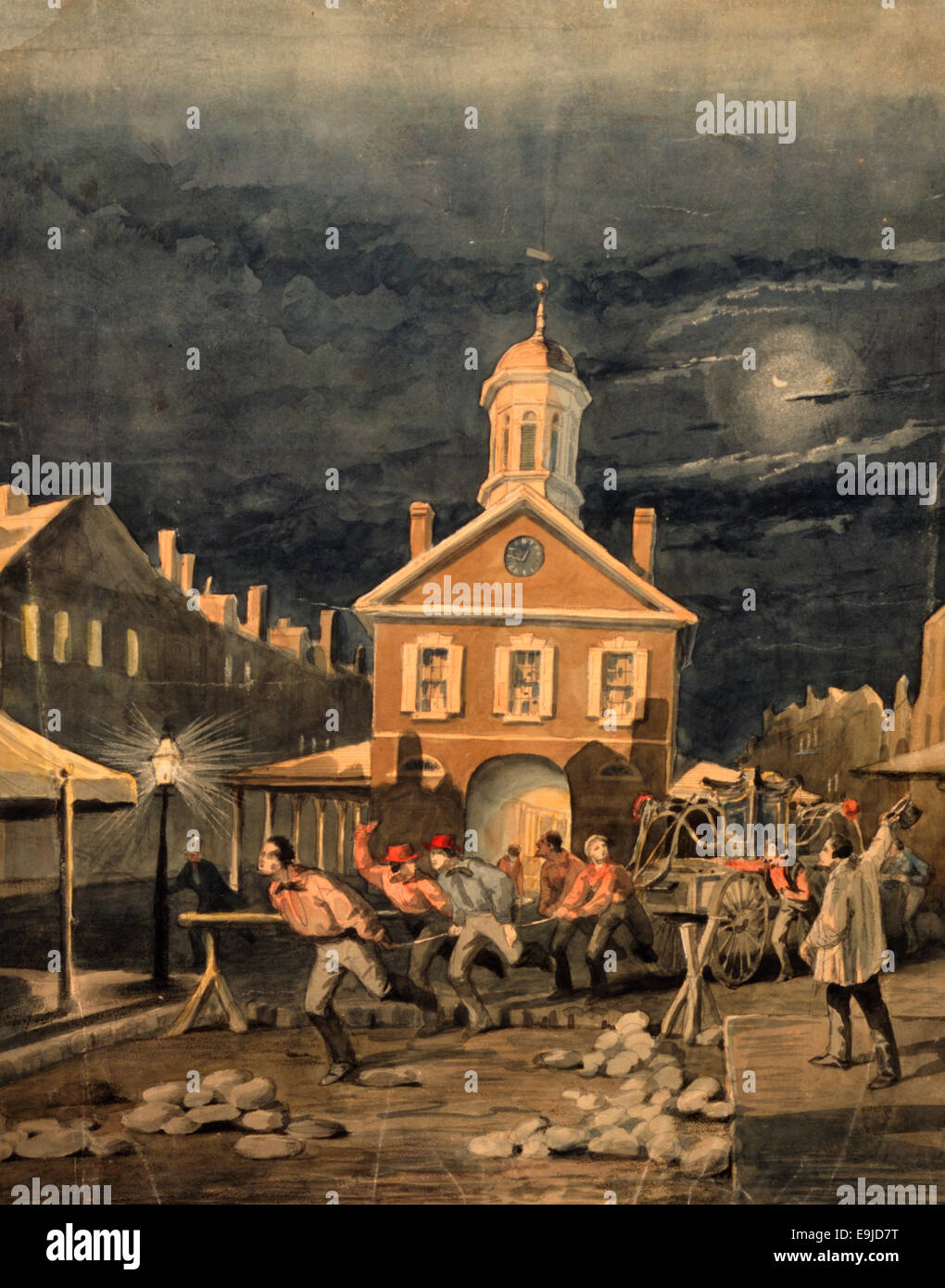 Firehouse scena mostrando i vigili del fuoco lasciando firehouse tirando un disegnati a mano motore fire, circa 1857 Foto Stock