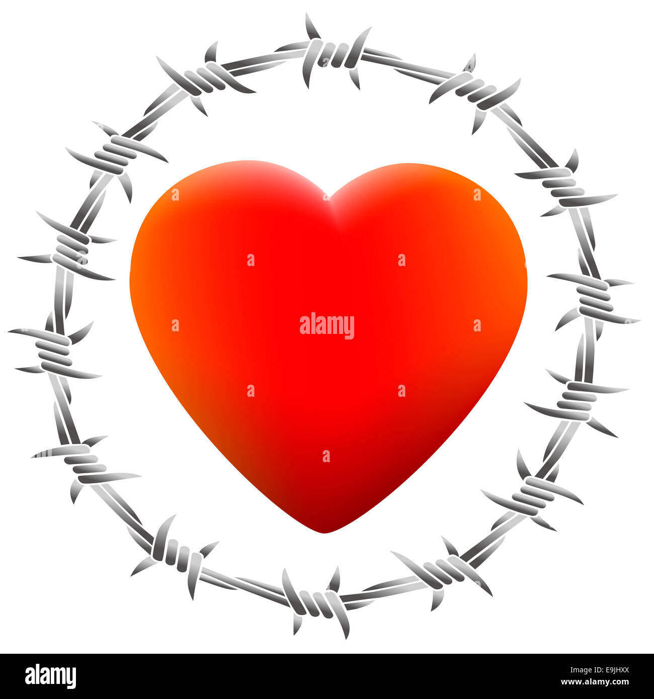 Rosso incandescente cuore circondato da filo spinato. Foto Stock