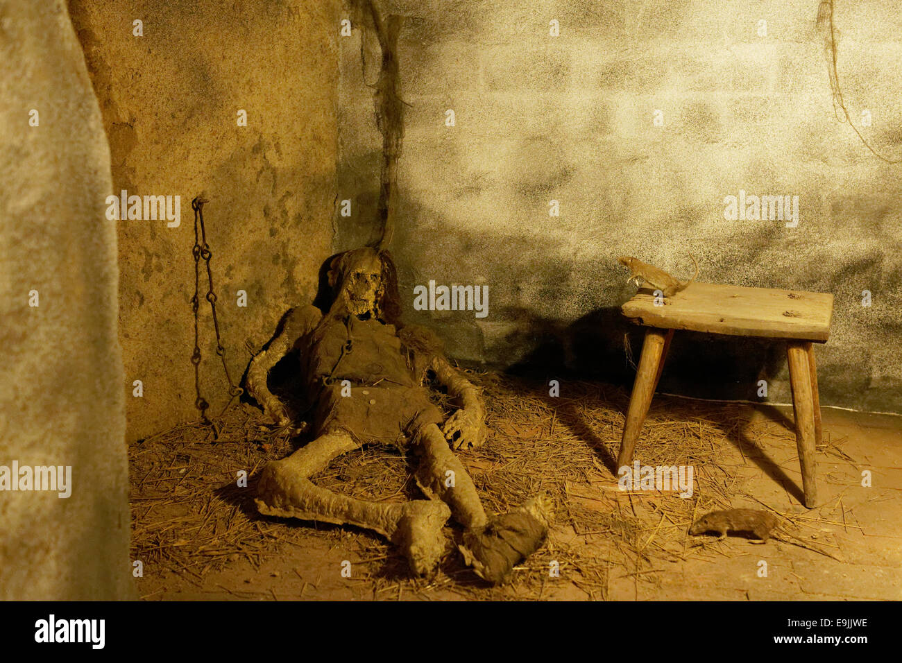I ratti e i resti di un prigioniero di fame in prigione, il realismo delle figure, il Castello di Loket, Loket, Regione di Karlovy Vary, Boemia Foto Stock