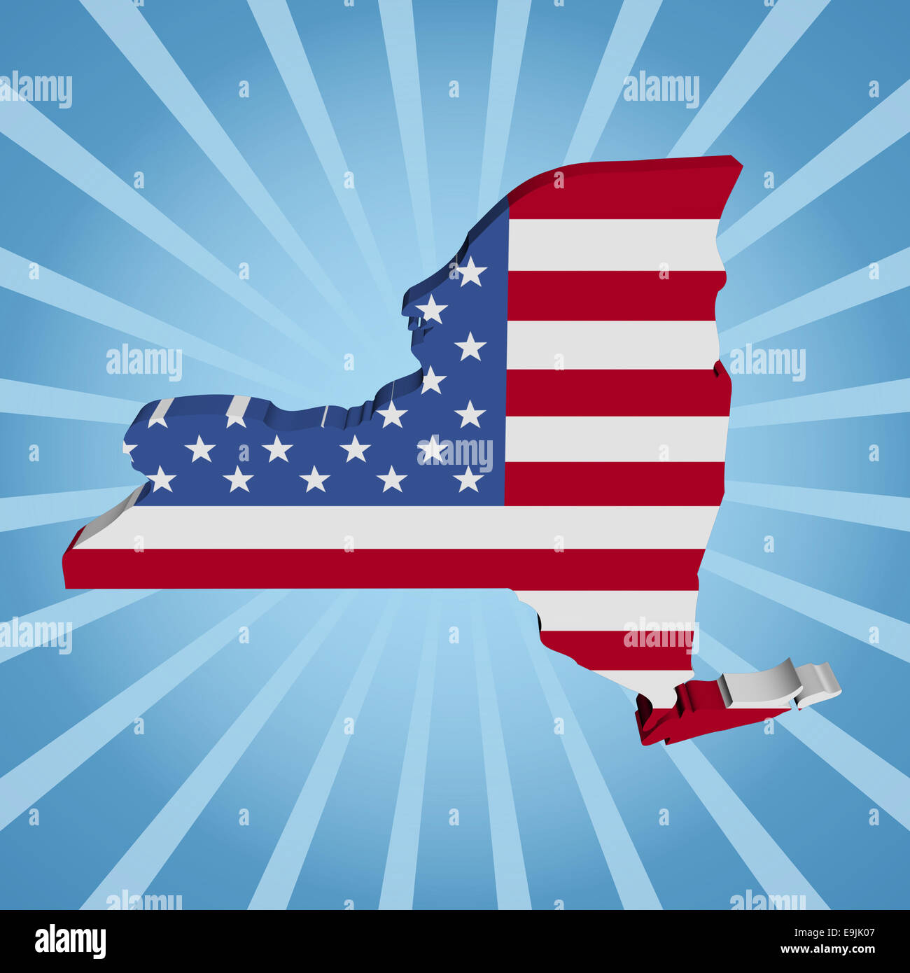 New York mappa sulla bandiera blu sunburst illustrazione Foto Stock