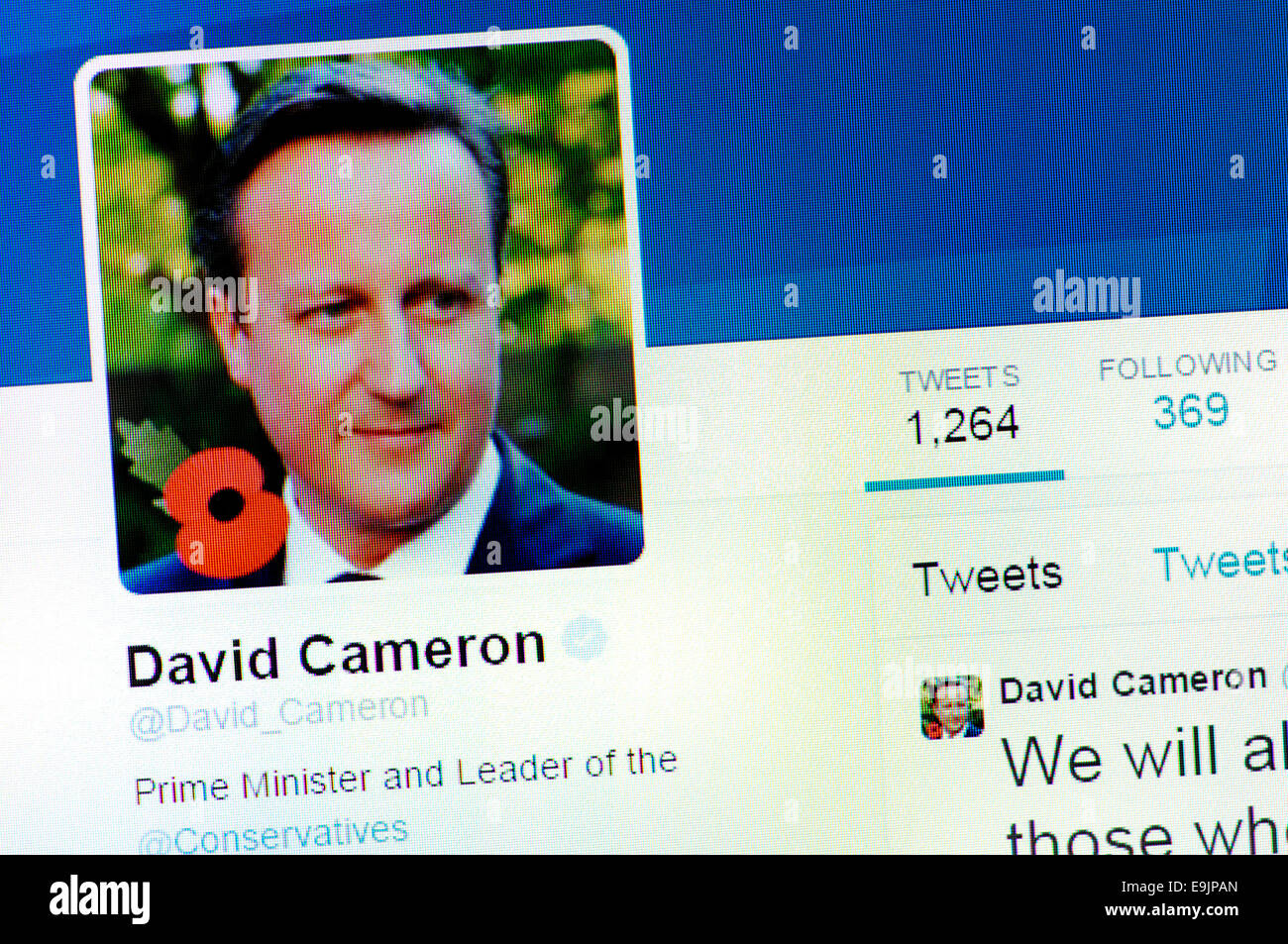 David Cameron's account Twitter - screenshot della pagina del profilo Foto Stock