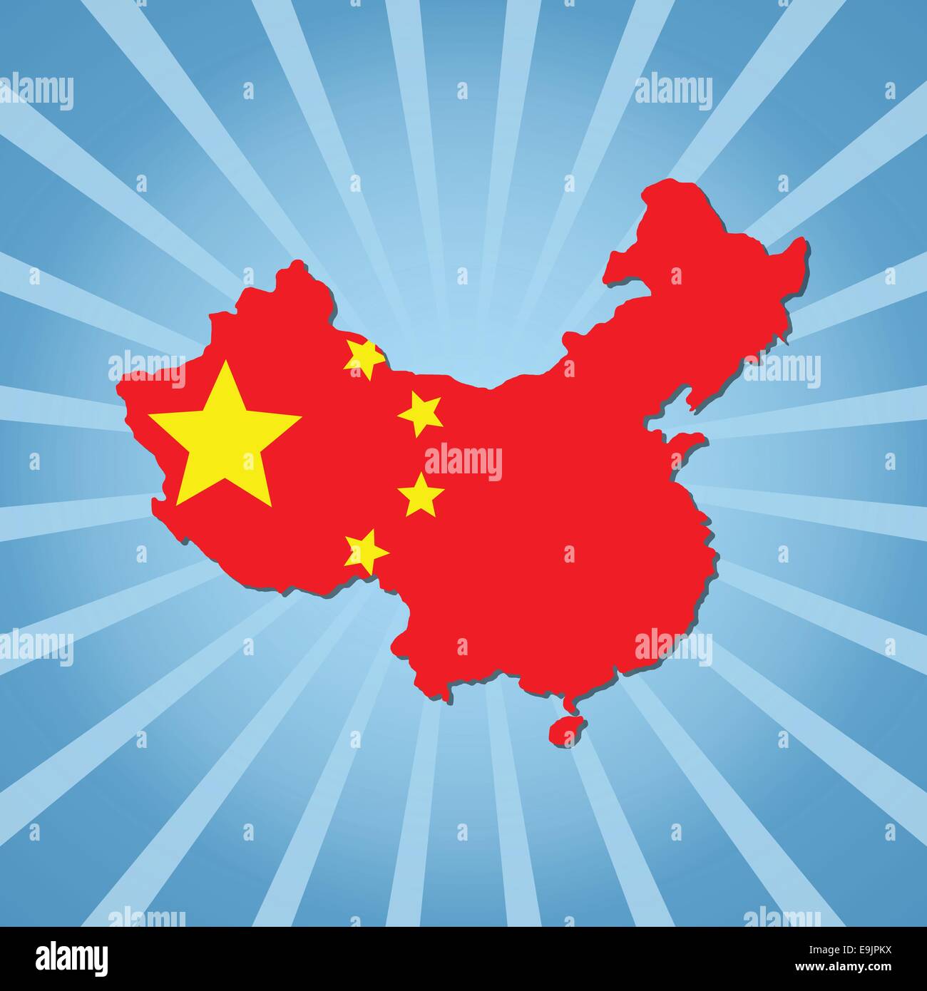 Cina mappa sulla bandiera blu sunburst illustrazione Illustrazione Vettoriale