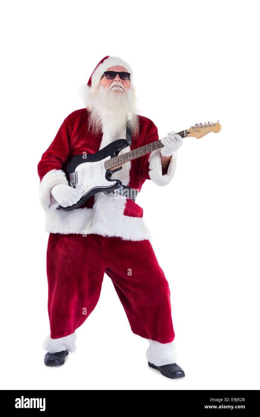 Santa Claus suona la chitarra con occhiali da sole Foto Stock