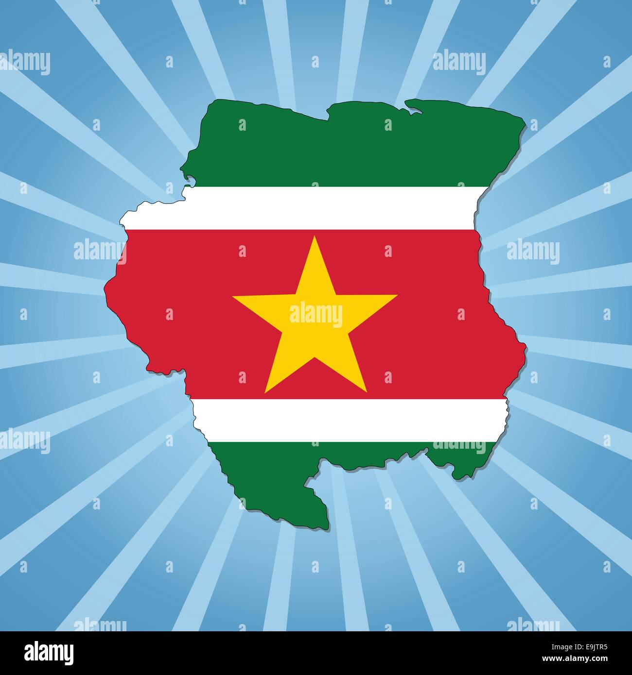 Mappa di suriname bandiera su blu sunburst illustrazione Illustrazione Vettoriale
