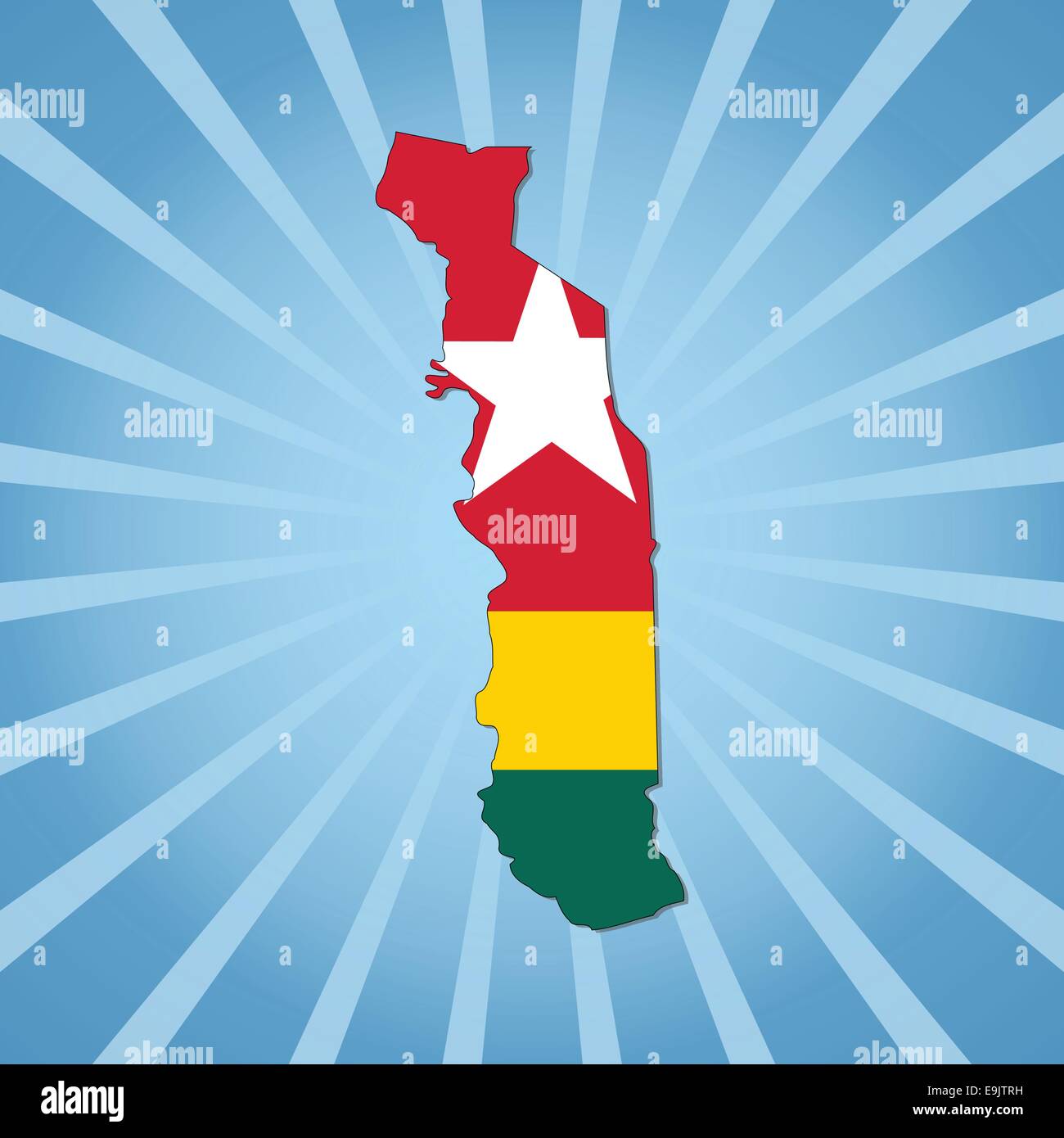 Mappa di Togo bandiera su blu sunburst illustrazione Illustrazione Vettoriale