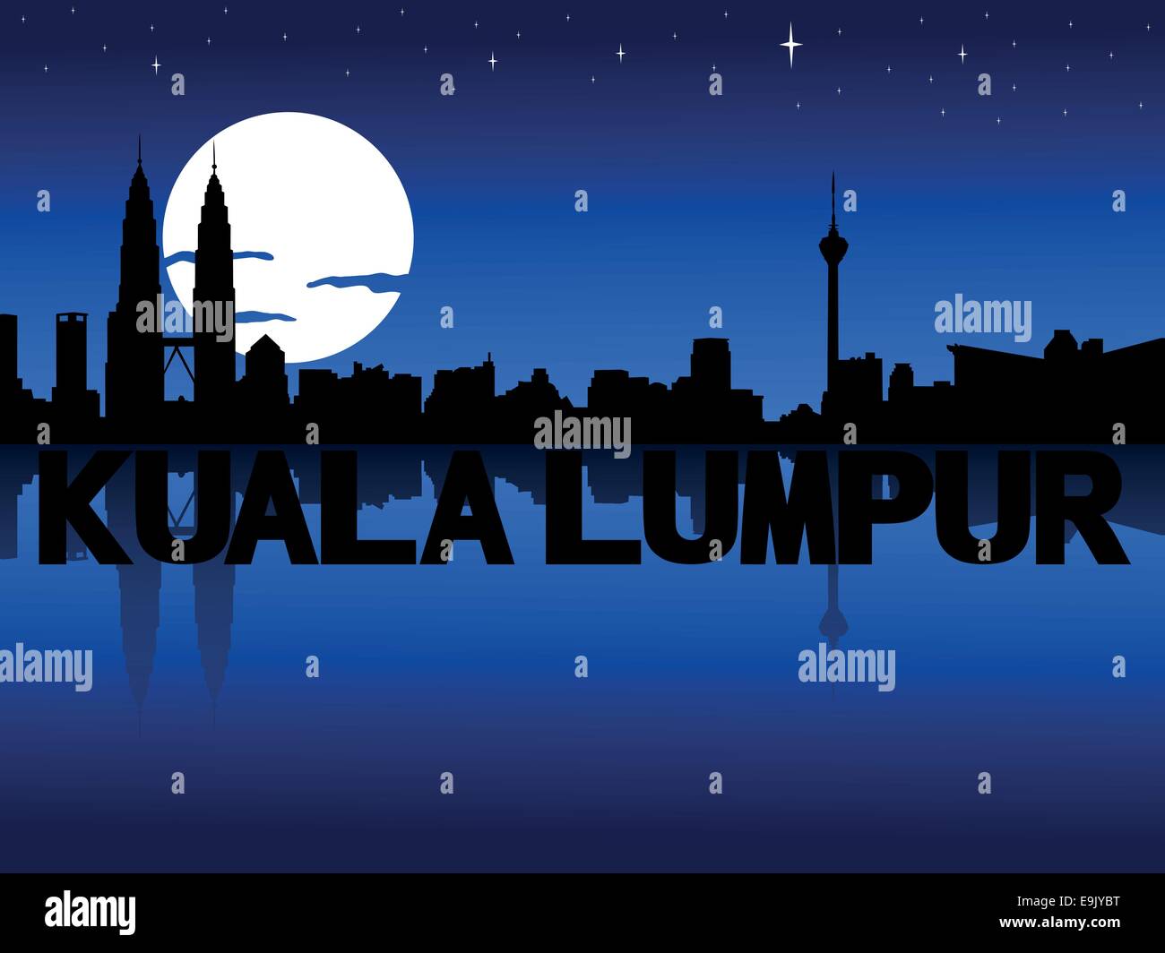 Kuala Lumpur skyline riflesso con testo e luna illustrazione vettoriale Illustrazione Vettoriale