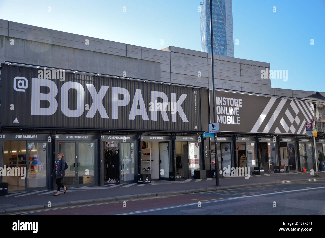 Boxpark Pop-Up Retail Mall in Shoreditch, Londra Foto Stock