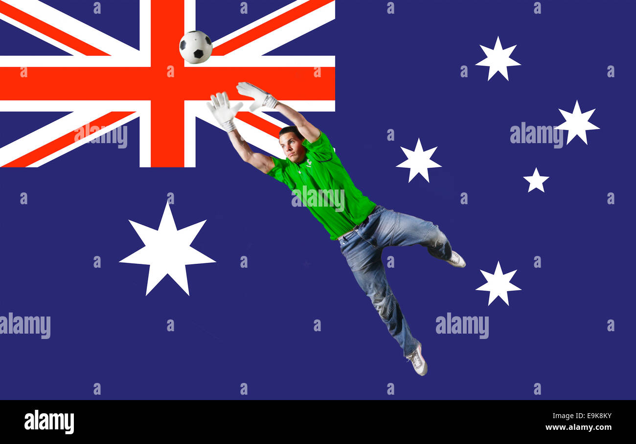 Portiere di calcio salvataggio di colpo di fronte nazionale australiana di bandiera Foto Stock