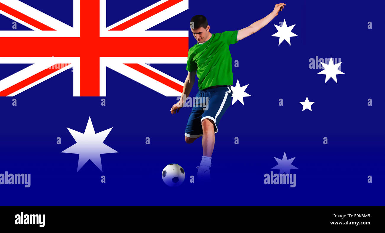 Il calcio di tiro del giocatore di fronte Australia bandiera nazionale Foto Stock