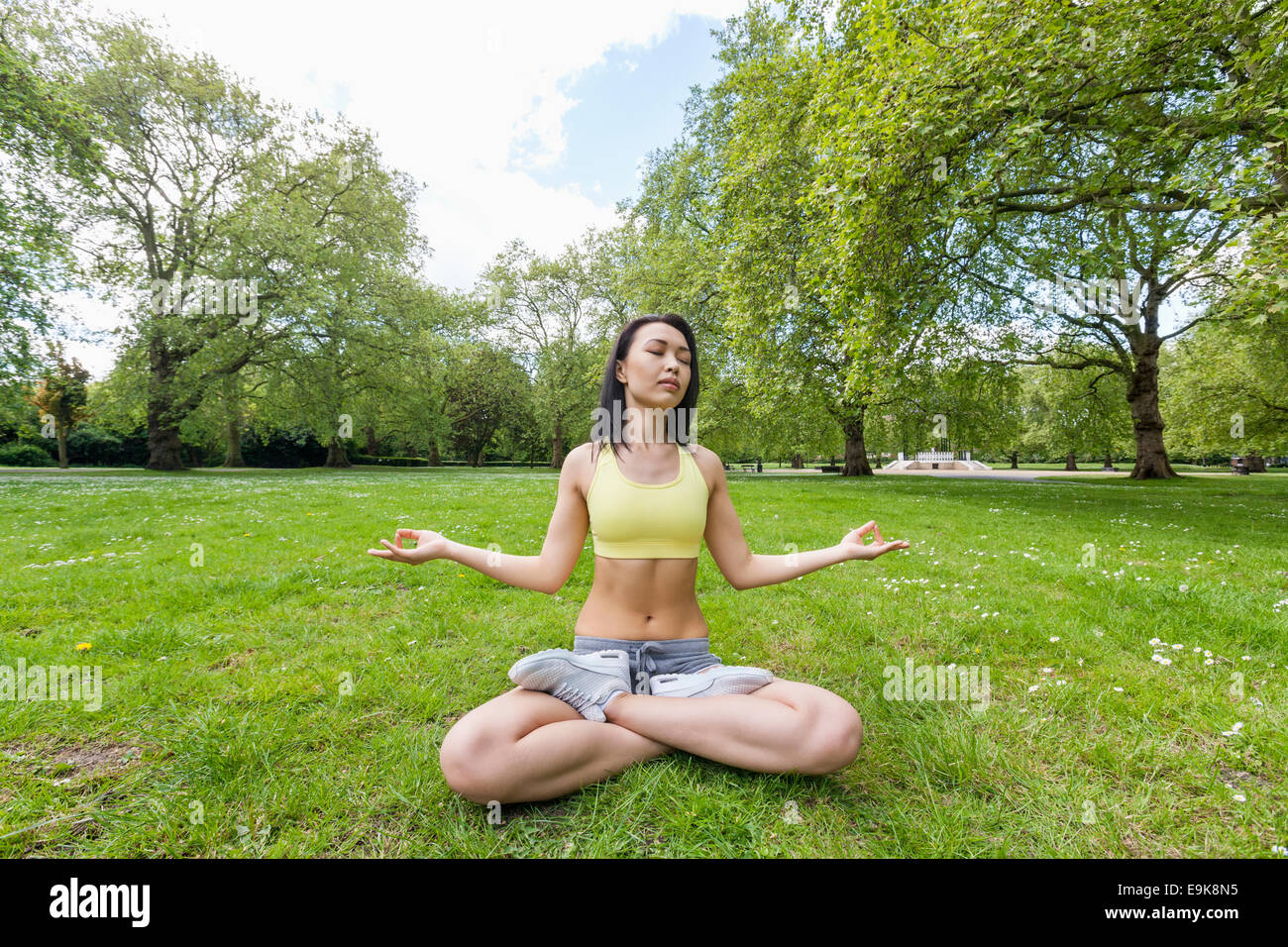 Per tutta la lunghezza della bella donna fit eseguendo lo yoga al park Foto Stock