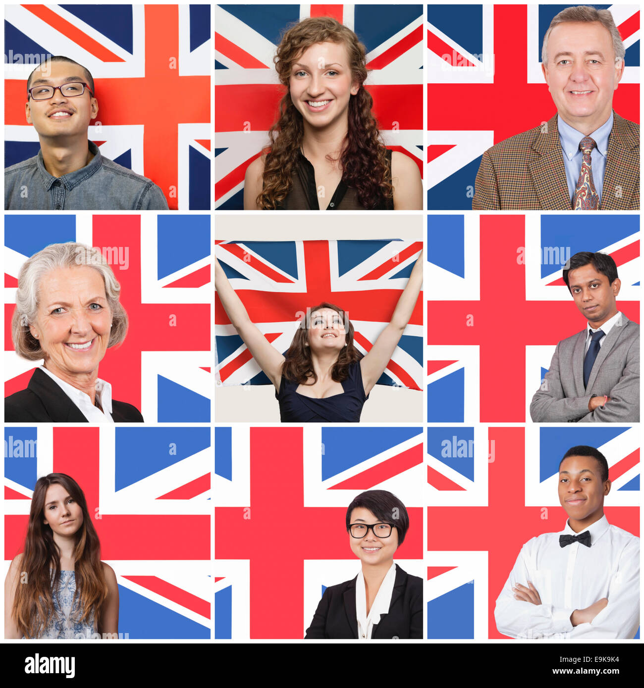 Collage di business persone in piedi contro la bandiera britannica Foto Stock