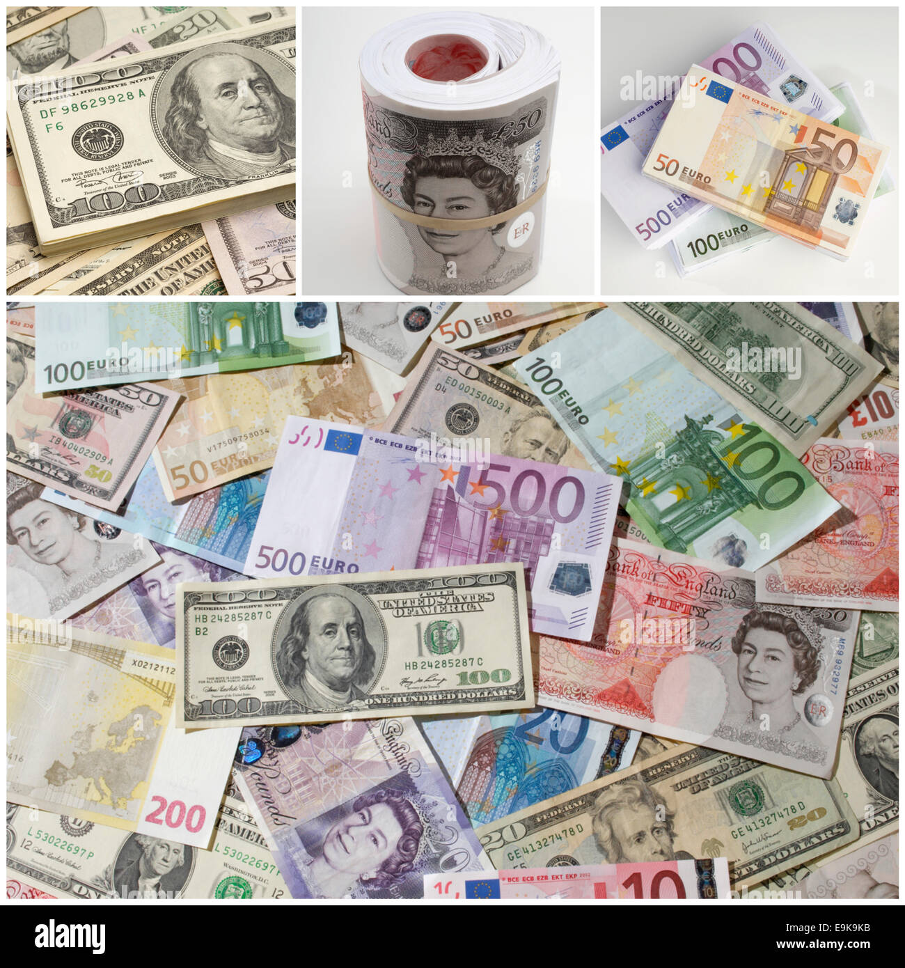 Collage di carta differenti valute Foto Stock