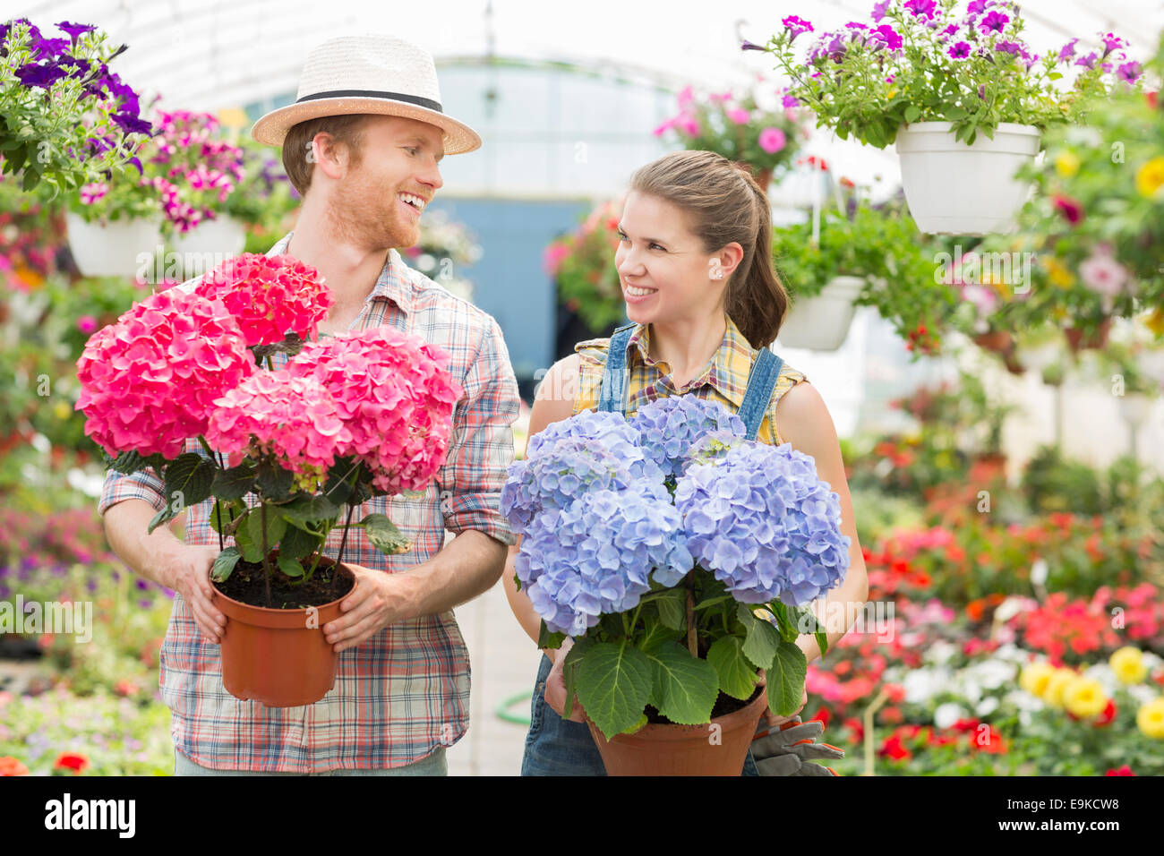 Giardinieri felici guardando ogni altro tenendo vasi da fiori in serra Foto Stock