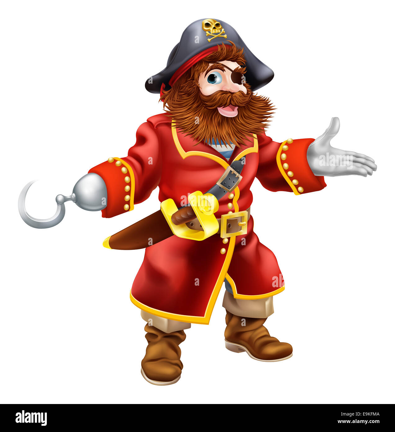 Una illustrazione di un felice cartoon pirata con un occhio patch e gancio Foto Stock