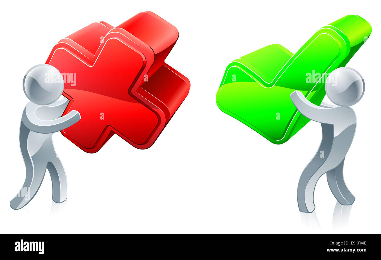 Giusto e sbagliato concetto con una persona in possesso di tick per correggere e una croce per la non corretta Foto Stock