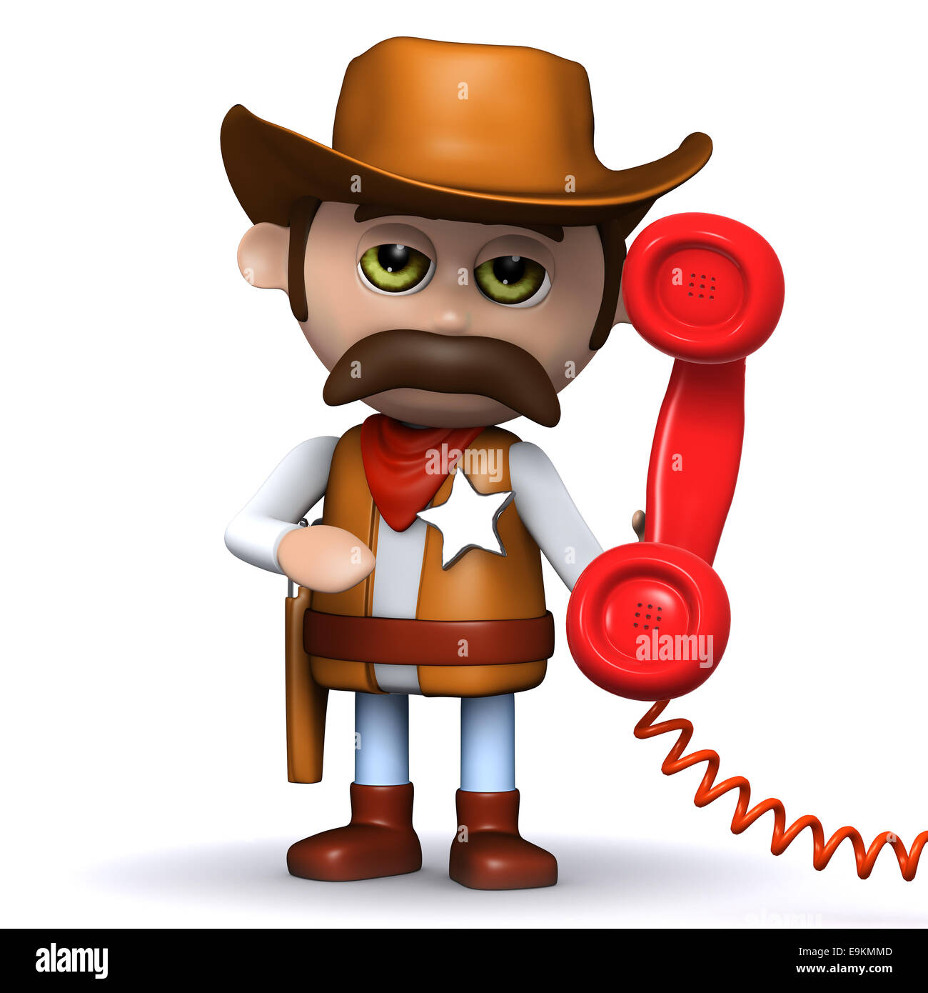 3D render di un cowboy sceriffo tenendo un ricevitore telefonico rosso Foto Stock