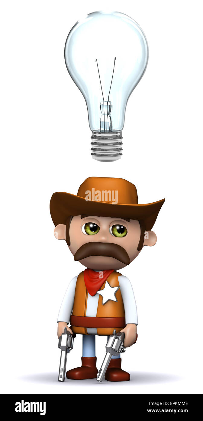 3D render di un cowboy con una lampadina sopra la sua testa Foto Stock