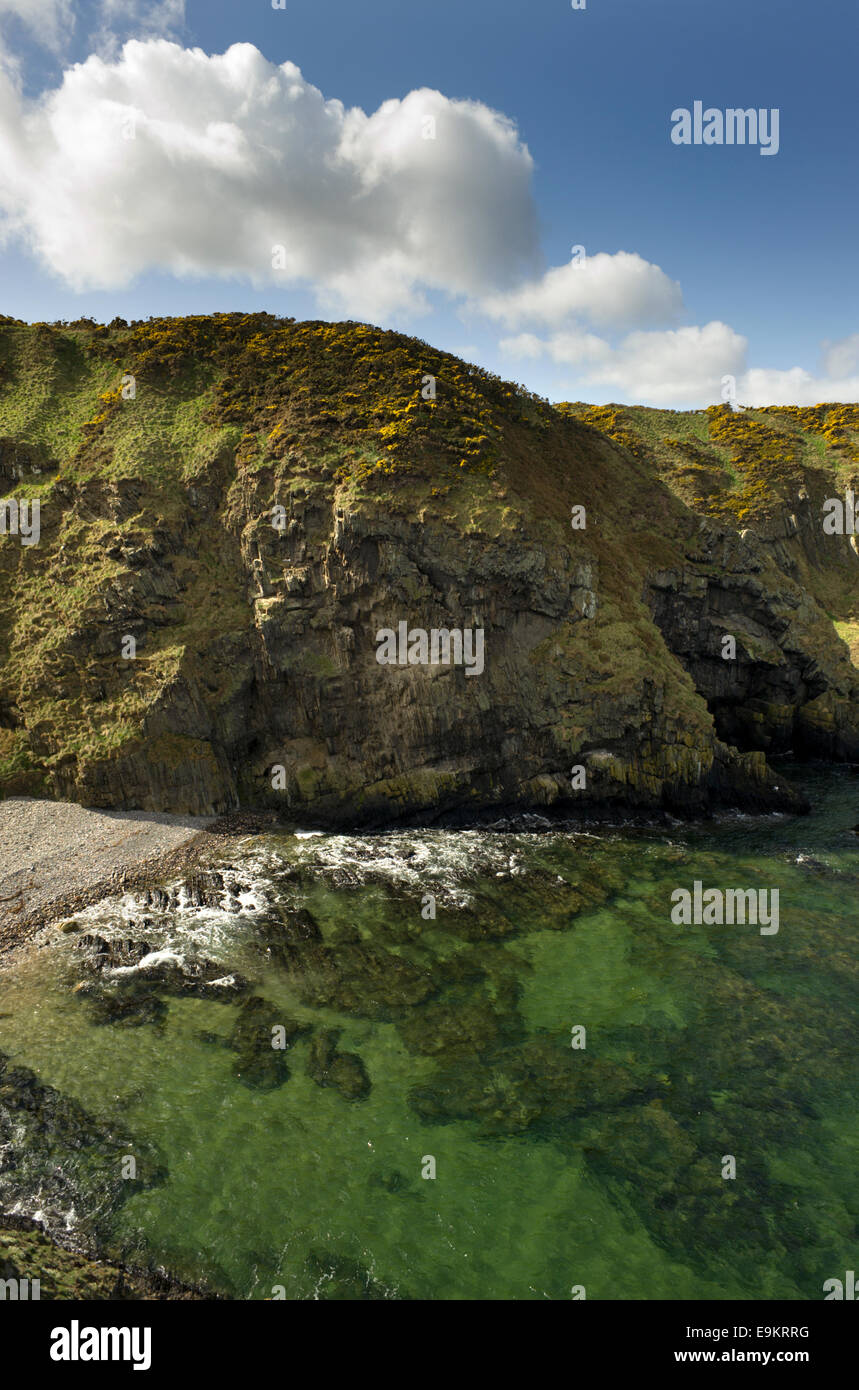 Un montante visualizza le drammatiche scogliere rocciose di fronte Findlater castello affacciato sul Moray Firth in Banff e Buchan coast Foto Stock