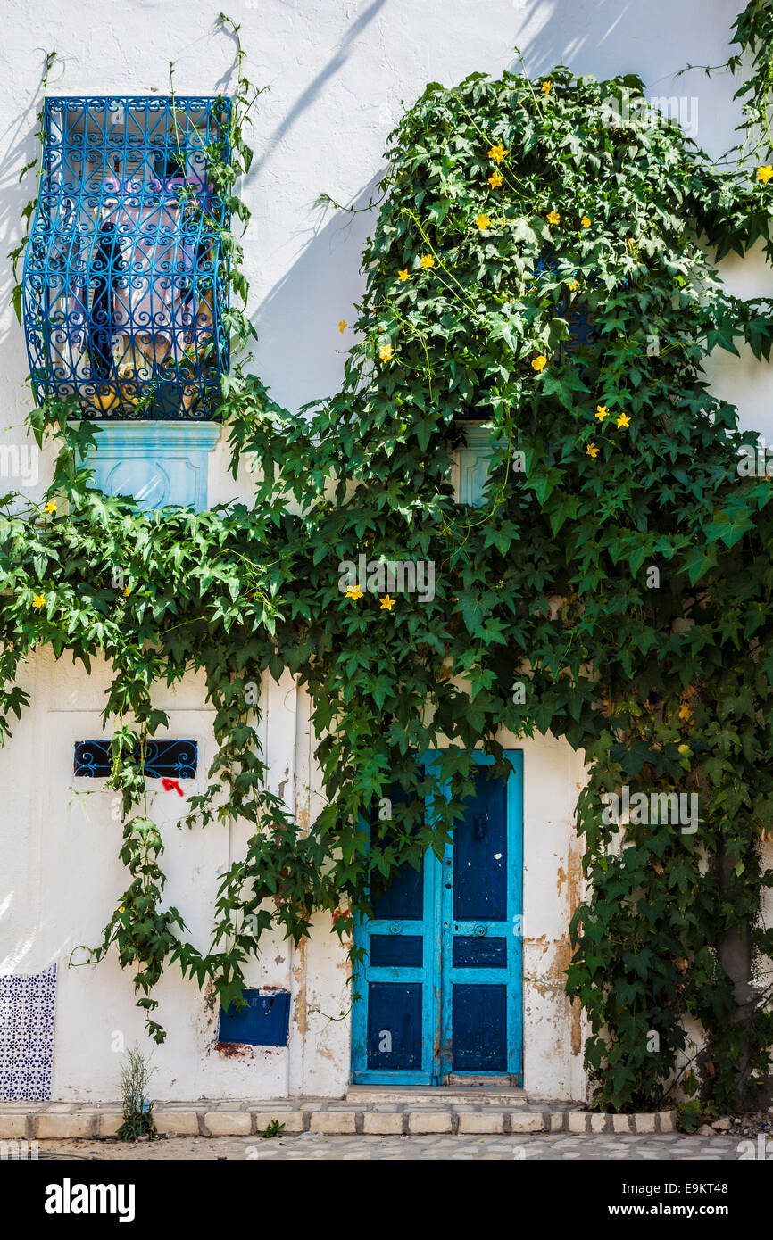 Un tradizionale blu in ferro battuto di guardia di finestra e porta nella Medina di Sousse,Tunisia. Foto Stock