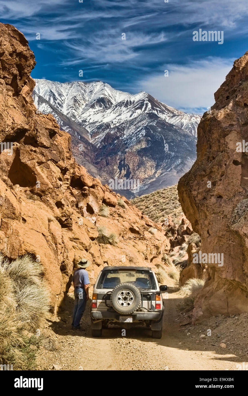 Visitatori e 4WD veicolo su strada nel Red Rock Canyon, White Mountains in Distance, Mojave Desert vicino a Bishop, California, USA Foto Stock