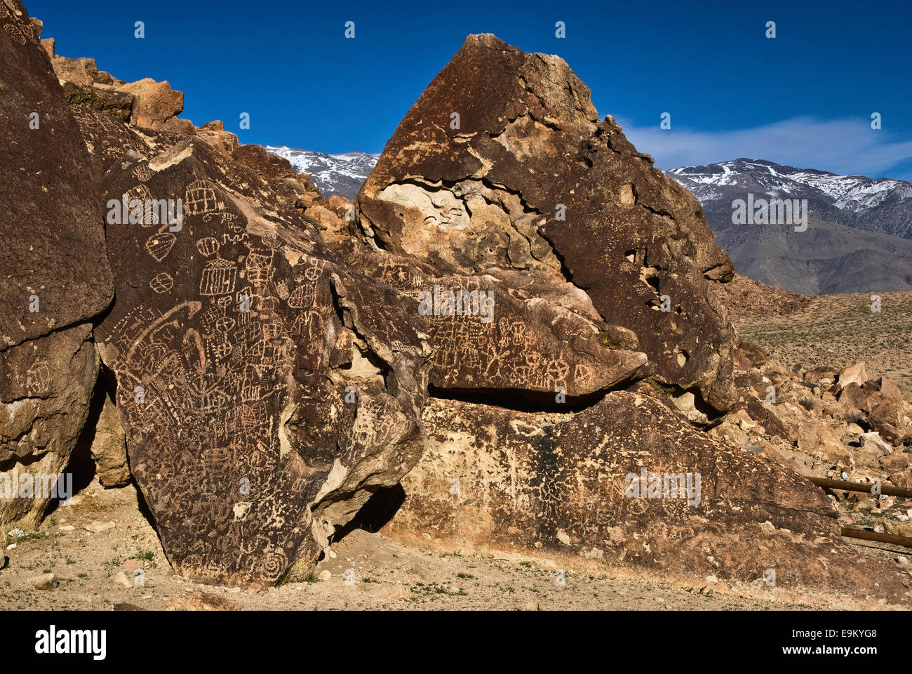 Chidago Canyon petroglifi pesce a Slough strada in Chalfant Valley, Deserto Mojave, vicino al Vescovo, CALIFORNIA, STATI UNITI D'AMERICA Foto Stock