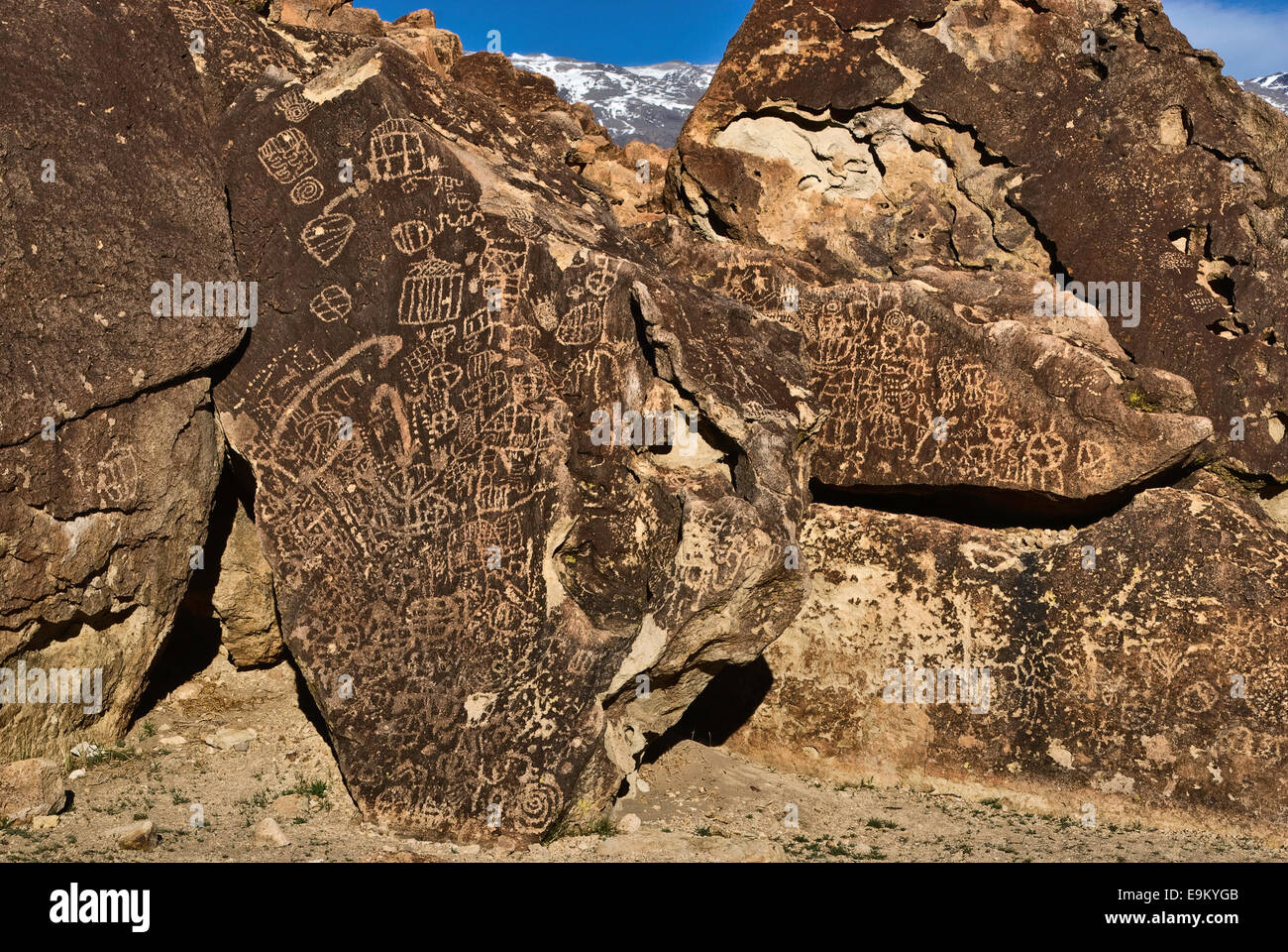 Chidago Canyon petroglifi pesce a Slough strada in Chalfant Valley, Deserto Mojave, vicino al Vescovo, CALIFORNIA, STATI UNITI D'AMERICA Foto Stock