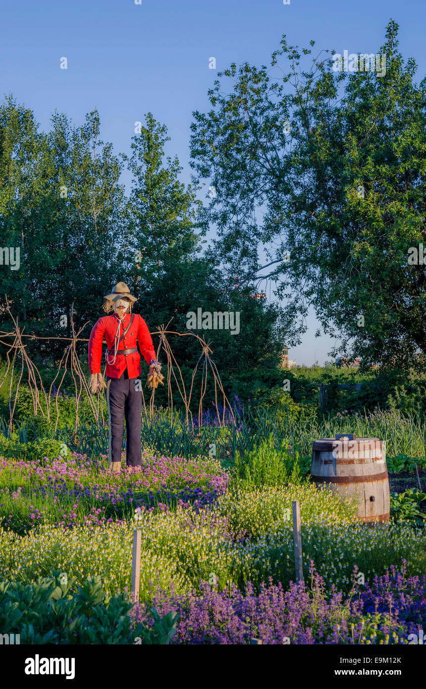Northwest polizia montata spaventapasseri, Patrimonio giardino, Forte di Calgary, Alberta, Canada Foto Stock