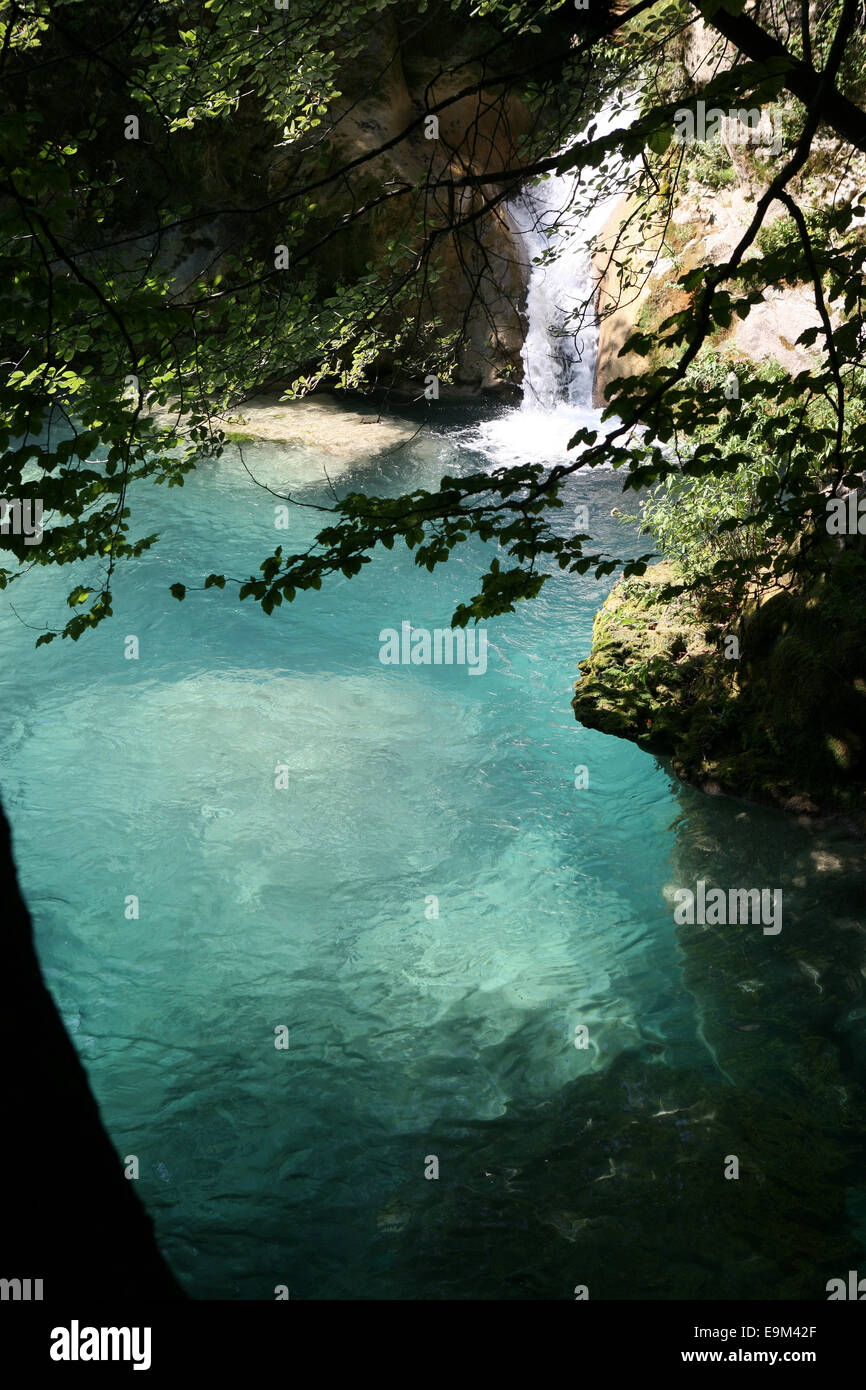 Crystal clear blue pool di Nacedero del Urederra - la sorgente del fiume vicino Urederra Baquedano Foto Stock