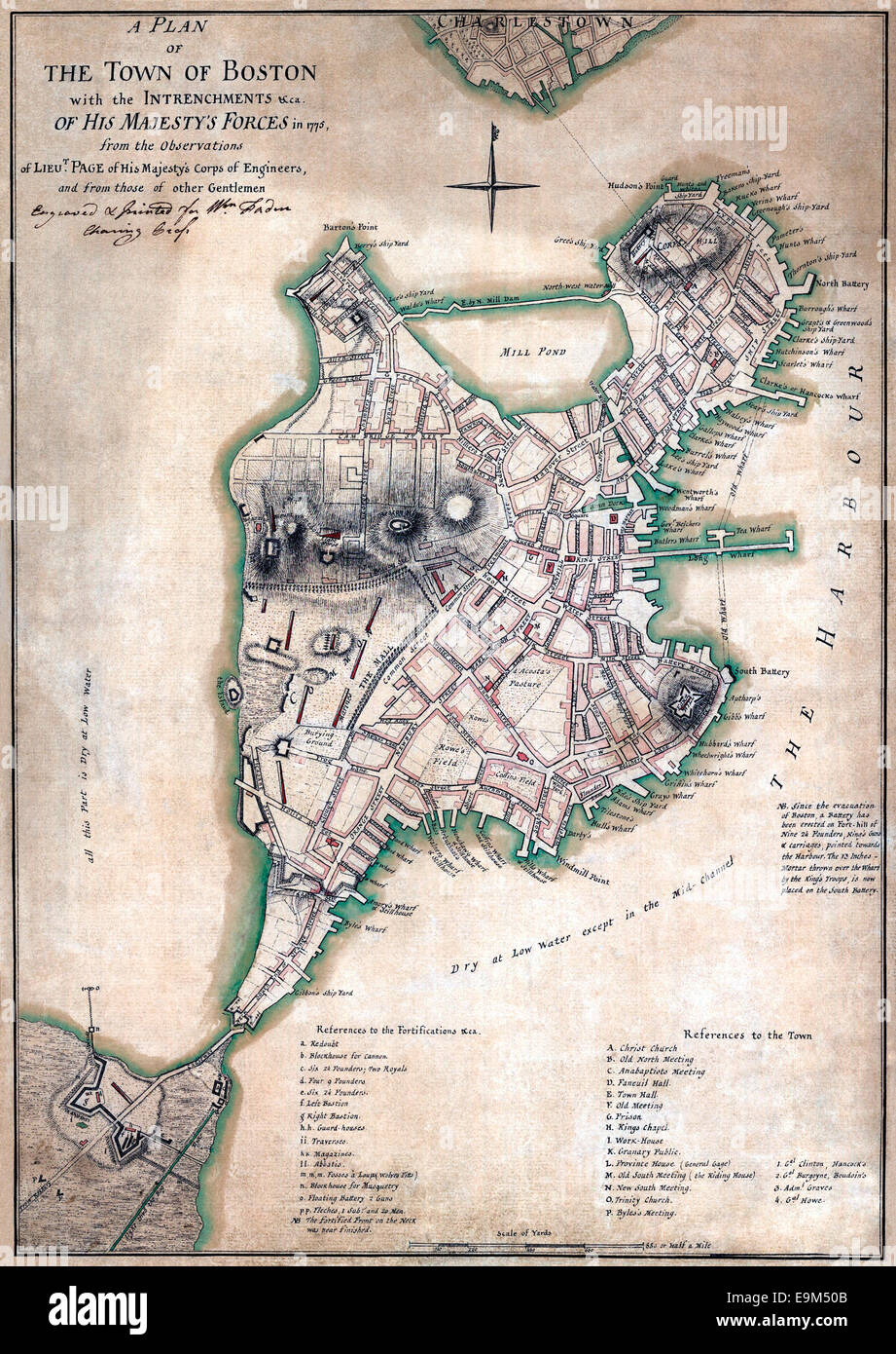 Una mappa che mostra un britannico valutazione tattico di Boston nel 1775. Foto Stock